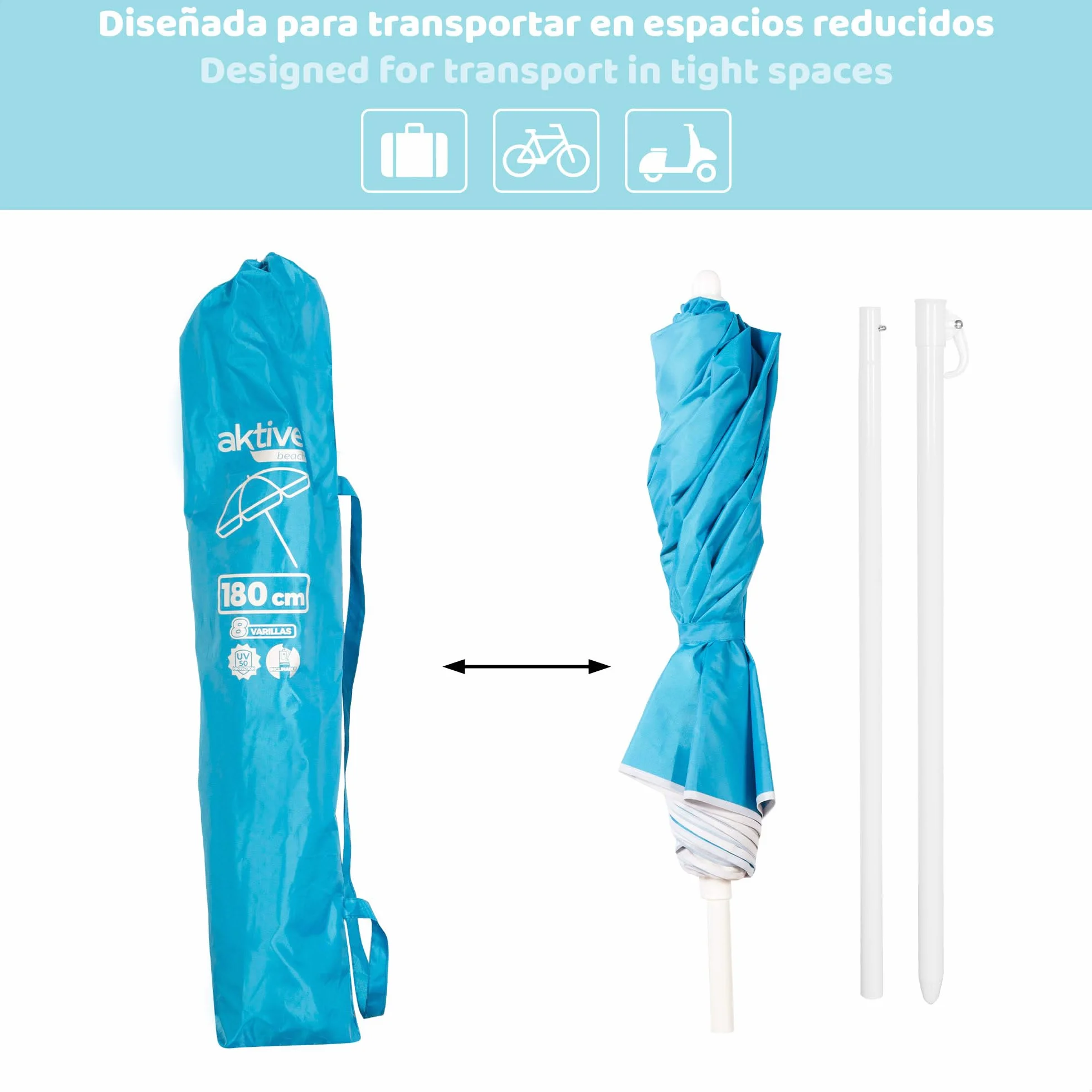 AKTIVE Parasol plażowy, 180 cm, kompaktowy, składany, ochrona UV50, regulowany bezstopniowo, regulowany i regulowany, stalowy maszt, posrebrzany, 8 żeberek, pokrowiec z uchwytem (62323), Niebieski,