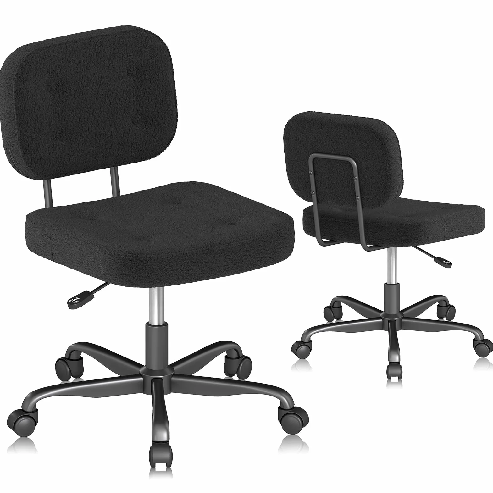 AnyGod Krzesło do biurka bez podłokietników, kompaktowe krzesło obrotowe z kółkami i regulacją wysokości, ergonomiczne krzesło komputerowe do małych pomieszczeń i toaletka, materiał pluszowy, czarny