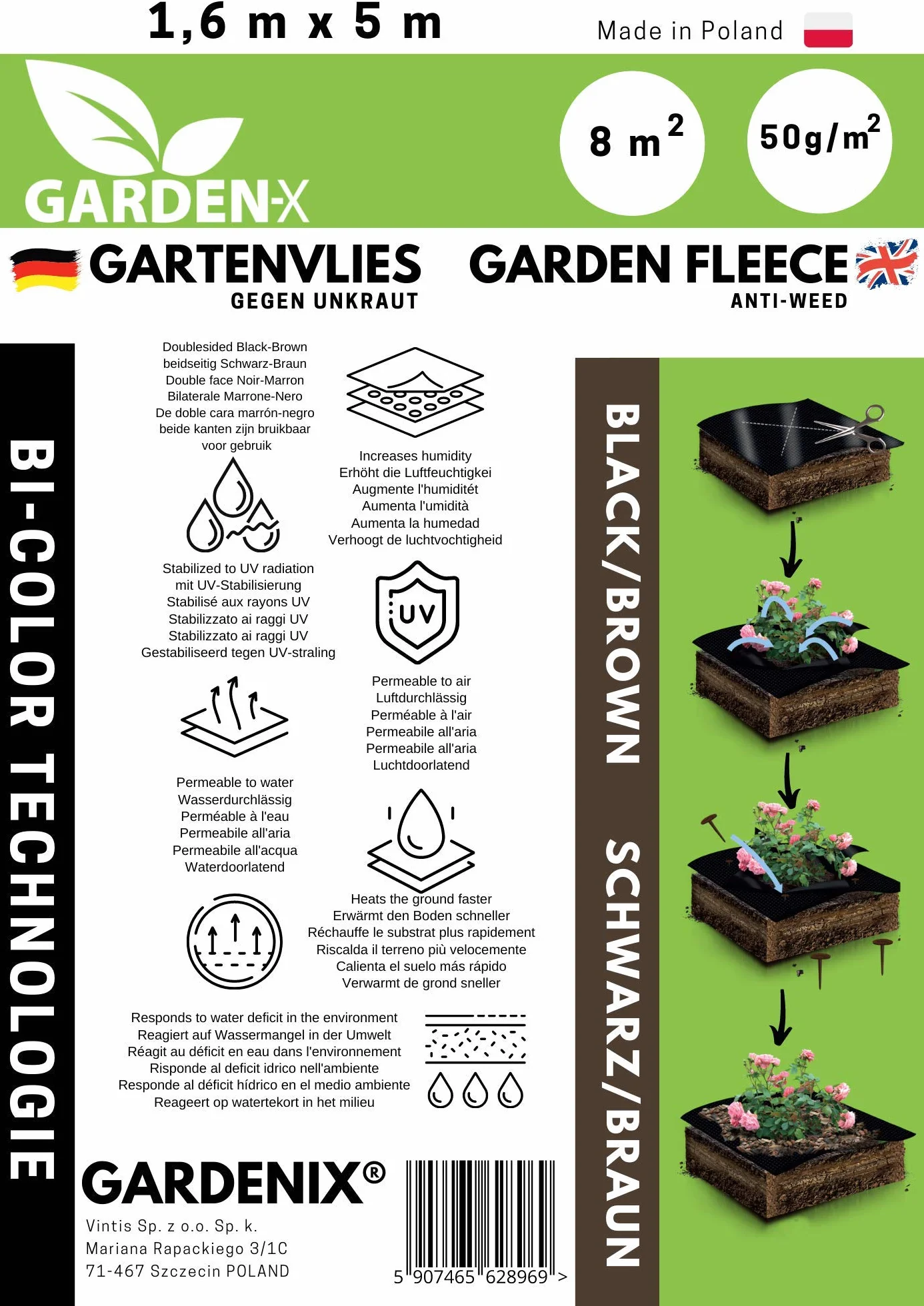GARDENIX 8 m² Dwukolorowa brązowo-czarna tkanina antychwastowa 50 g/m² ‒ polar ogrodowy o wysokiej stabilizacji UV, odporny na rozdarcie i przepuszczalny dla wody (1,6 m x 5 m)