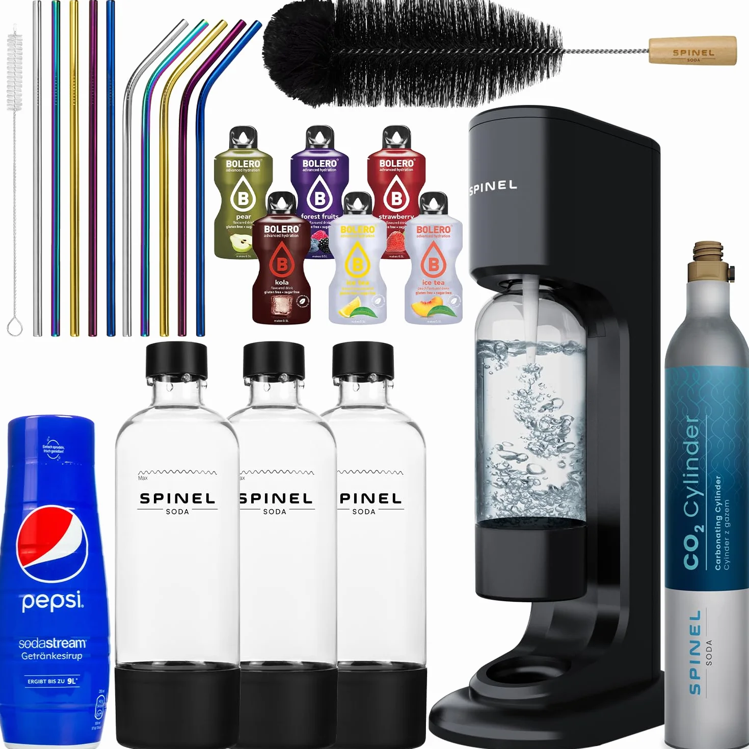 Spinel - Saturator do wody gazowanej BubbleON czarny, mega zestaw startowy, 3 butelki 1l, nabój CO2 60l, szczotka do czyszczenia butelek, 10 metalowych słomek, syrop pepsi, 6 saszetek w proszku