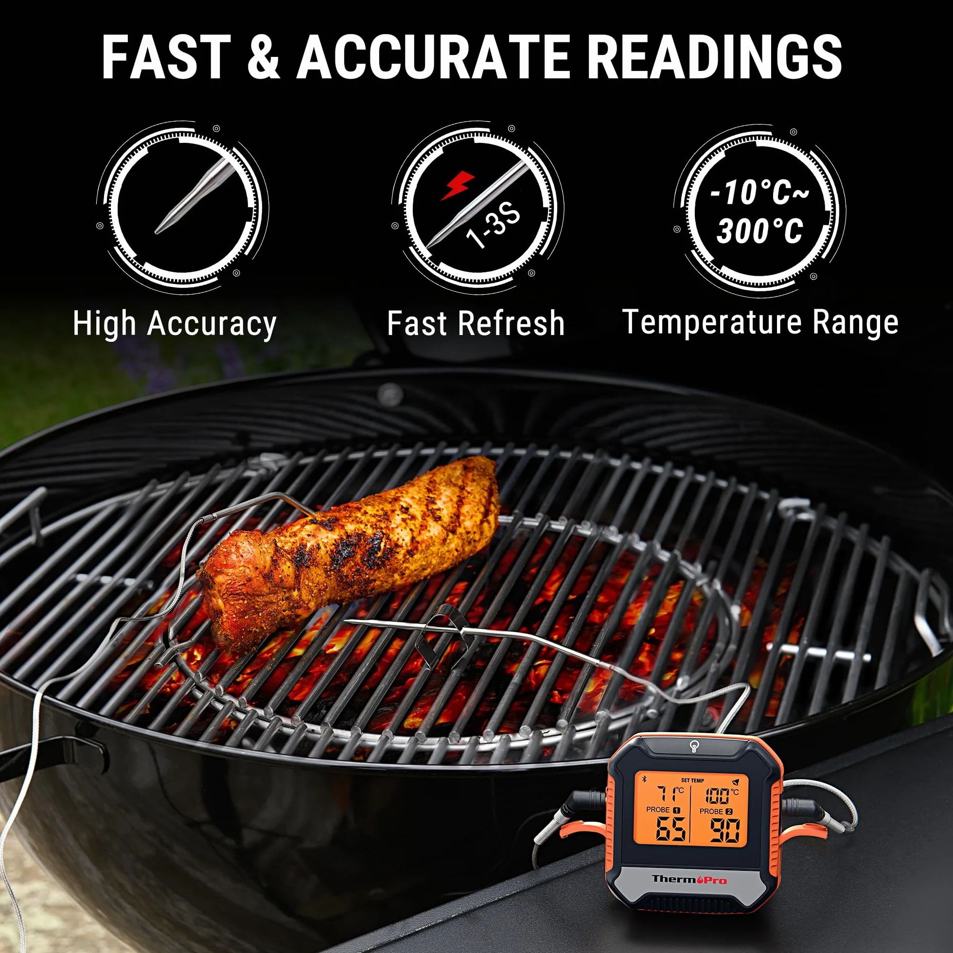 ThermoPro TempPro Termometr do mięsa Bluetooth 135m z 2 sondami, cyfrowy termometr grillowy z aplikacją, alarmem, precyzyjny do grilla, wędzarni, piekarnika, steków