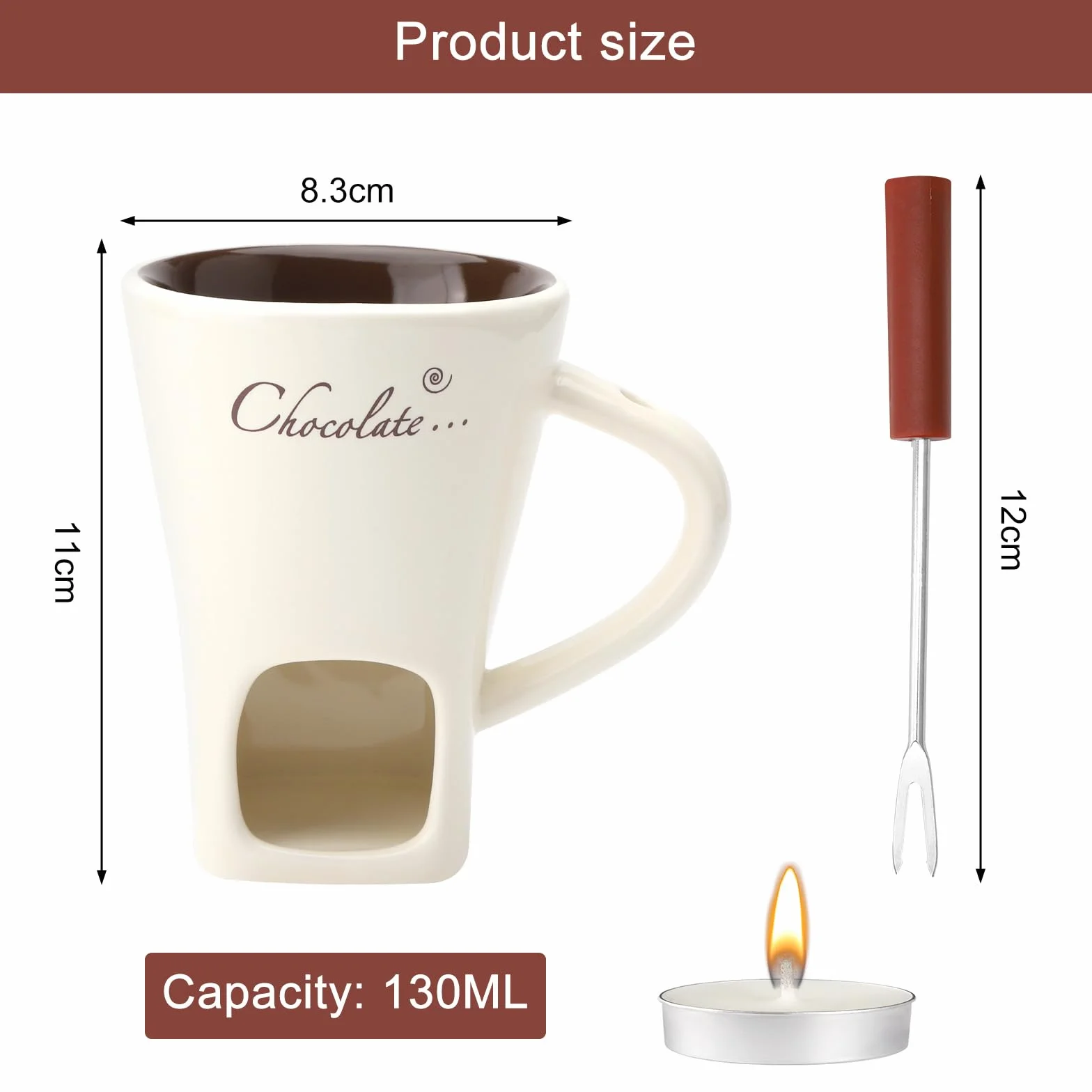Filiżanka do fondue czekoladowego, ceramiczna, 130 ml, z uchwytem na podgrzewacze i widelcami, czekoladowe fondue, zestaw do fondue, czekolady, fondue, czekolady, fondue, zestaw do topienia czekolady