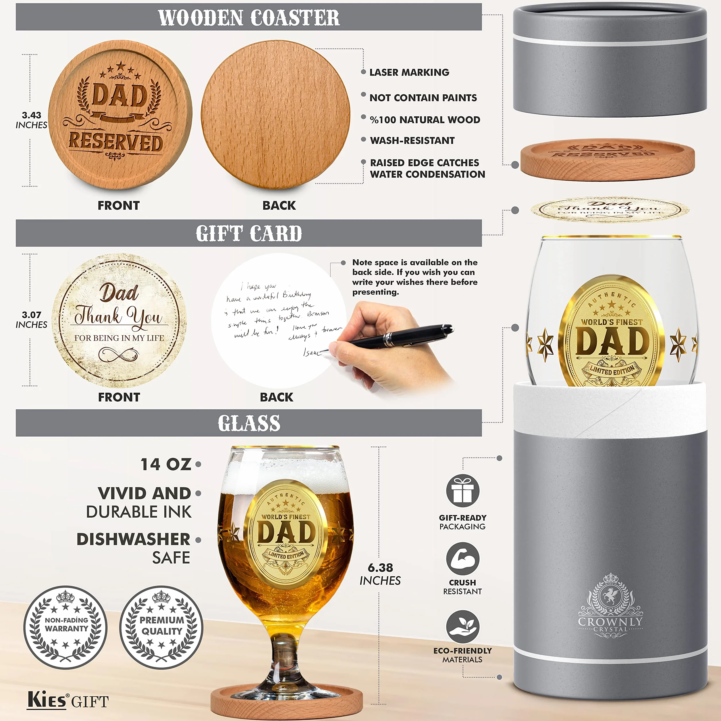 CROWNLY CRYSTAL Personalizowane prezenty urodzinowe ze szklanką do piwa dla taty od córki lub syna