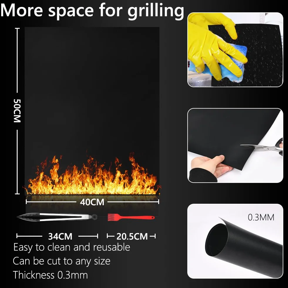 Flintronic Zestaw mat do grilla, 50 x 40 cm, czarny, 5 x mata (40 x 50 cm) + szczypce + szczotka