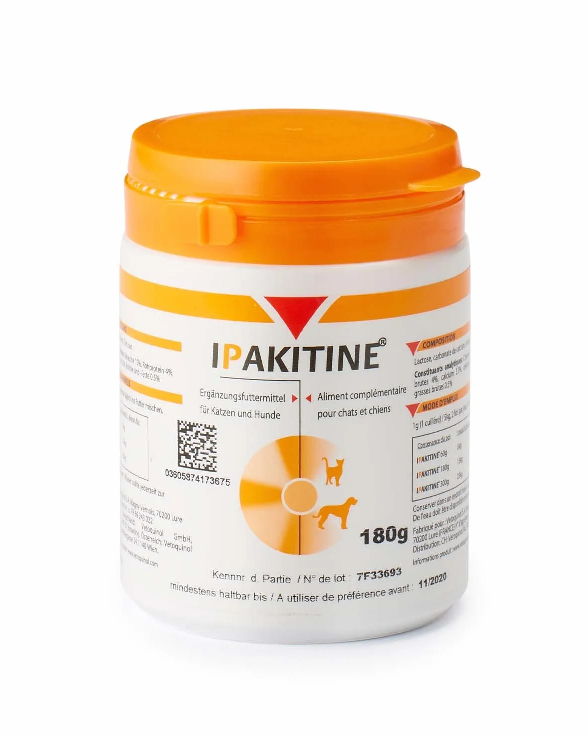 Vetoquinol Ipakitine | 180 g | karma uzupełniająca dla kotów i psów | do wspomagania nerek | w przypadku niewydolności nerek | proszek do mieszania z karmą