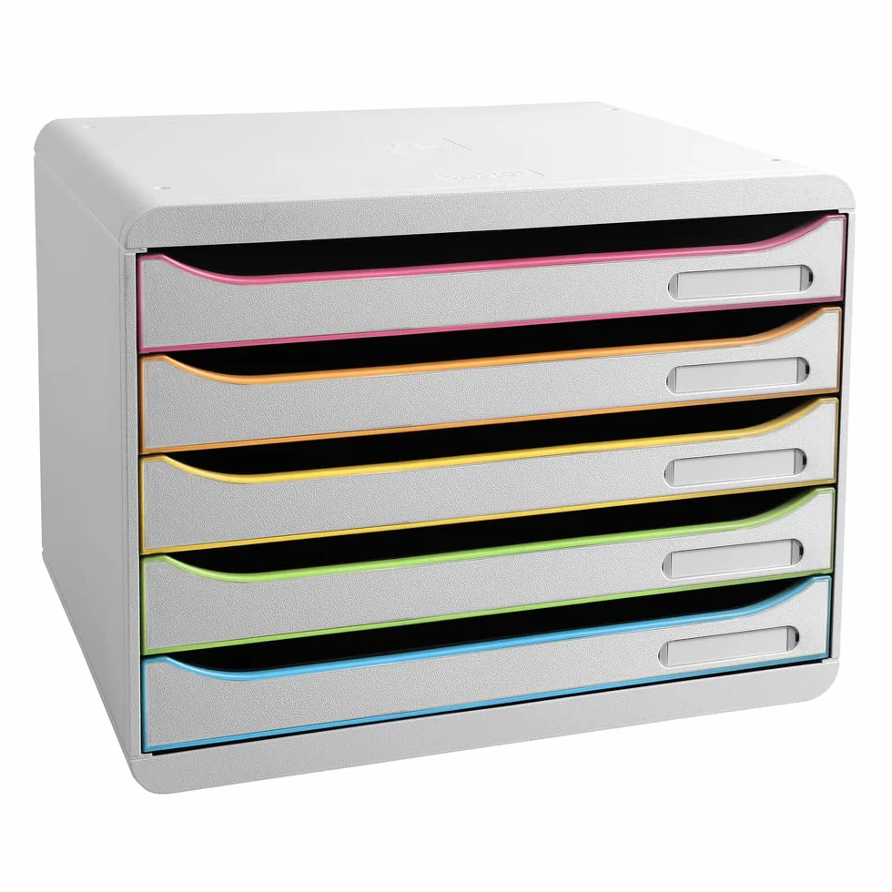 Exacompta 308913D Szafka na dokumenty BIG-BOX PLUS HORIZON, 5 szuflad na dokumenty A4+, wymiary zewnętrzne: 27 x 35,5 x 27,1 cm, 1 sztuka kolor biały/harlekin/biały