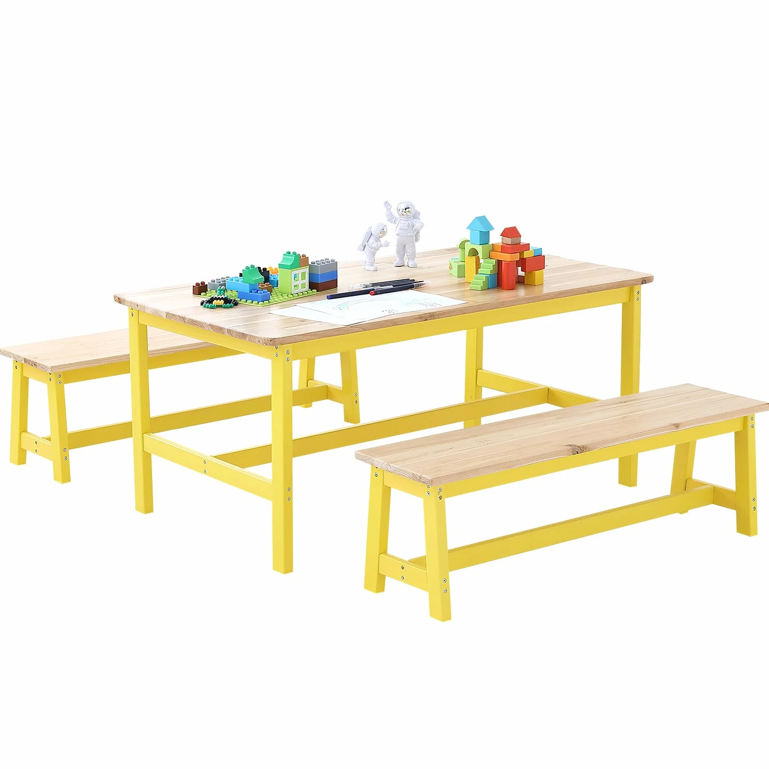 VEVOR 1 stolik dziecięcy + 2 ławki 1067 x 575 x 482 mm i 915 x 235 x 280 mm, zestaw mebli dziecięcych, łatwa do czyszczenia, do nauki, jedzenia, czytania, przedszkola, pokoju dziecięcego, 2-8 lat