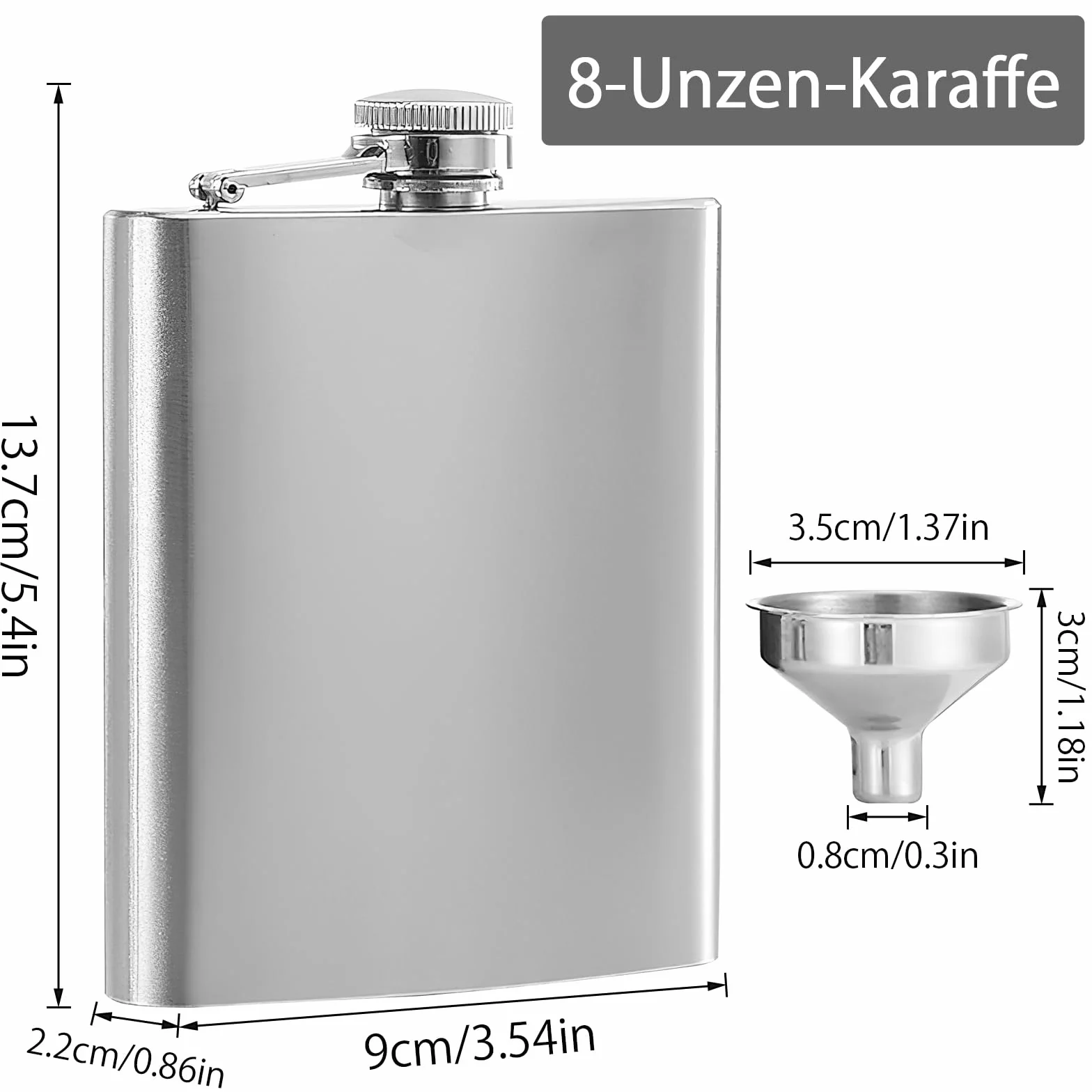 Piersiówka ze stali nierdzewnej 304, 225 ml i zestaw lejków, szczelna piersiówka do przechowywania alkoholu, ze stali nierdzewnej, dla mężczyzn i kobiet (srebrna)