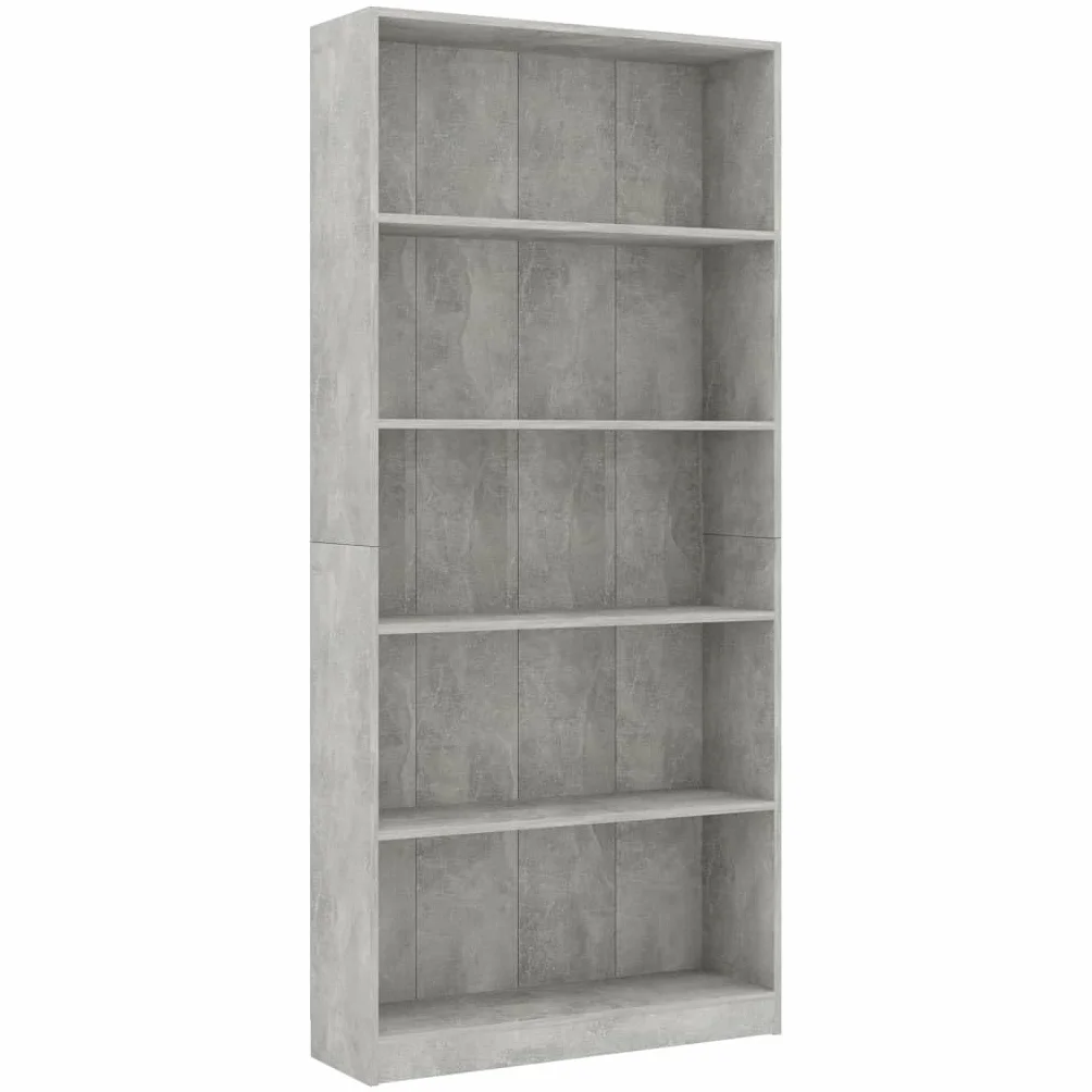 Regał na książki, 5 przegródek, szary betonowy, wielofunkcyjny regał na książki, do przechowywania, 80 x 24 x 175 cm, materiał drewnopochodny