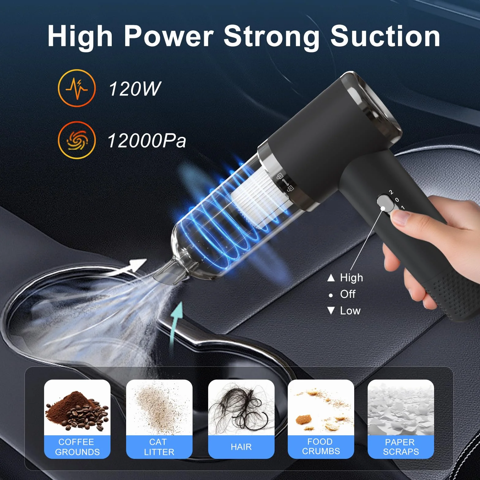 Bezprzewodowy Odkurzacz Ręczny, 12000Pa Mocny Odkurzacz do Samochodu i Domu, 3-w-1 Odkurzacz z Baterią 5200mAh, Ładowanie USB, Usuwanie Sierści Zwierząt, 2 Poziomy + Zmywalny Filtr i Akcesoria