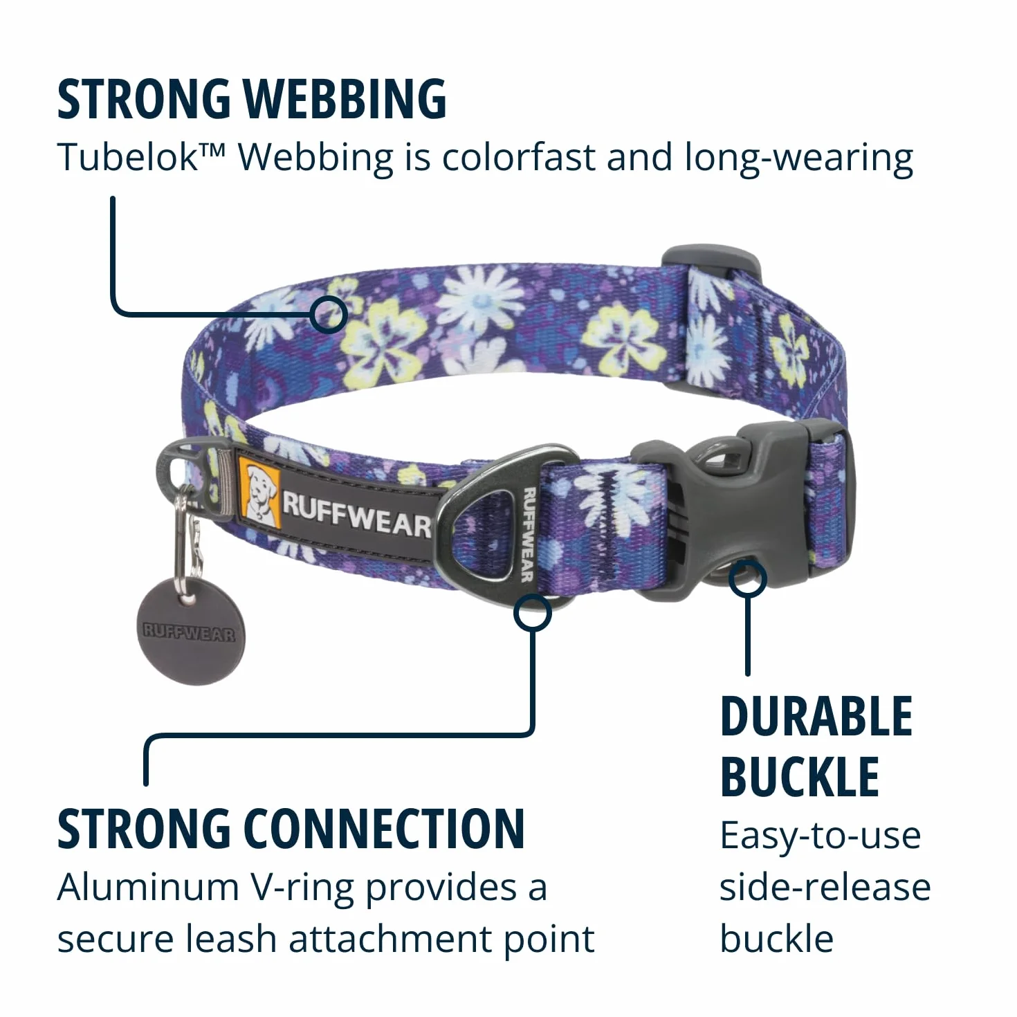 Ruffwear Średnia obroża dla psa z przodu, z aluminiowym pierścieniem w kształcie litery V, wygodna i mocna, z boczną klamrą i taśmą, do spacerów z psem, rozmiar M (36-51 cm), dziki kwiat