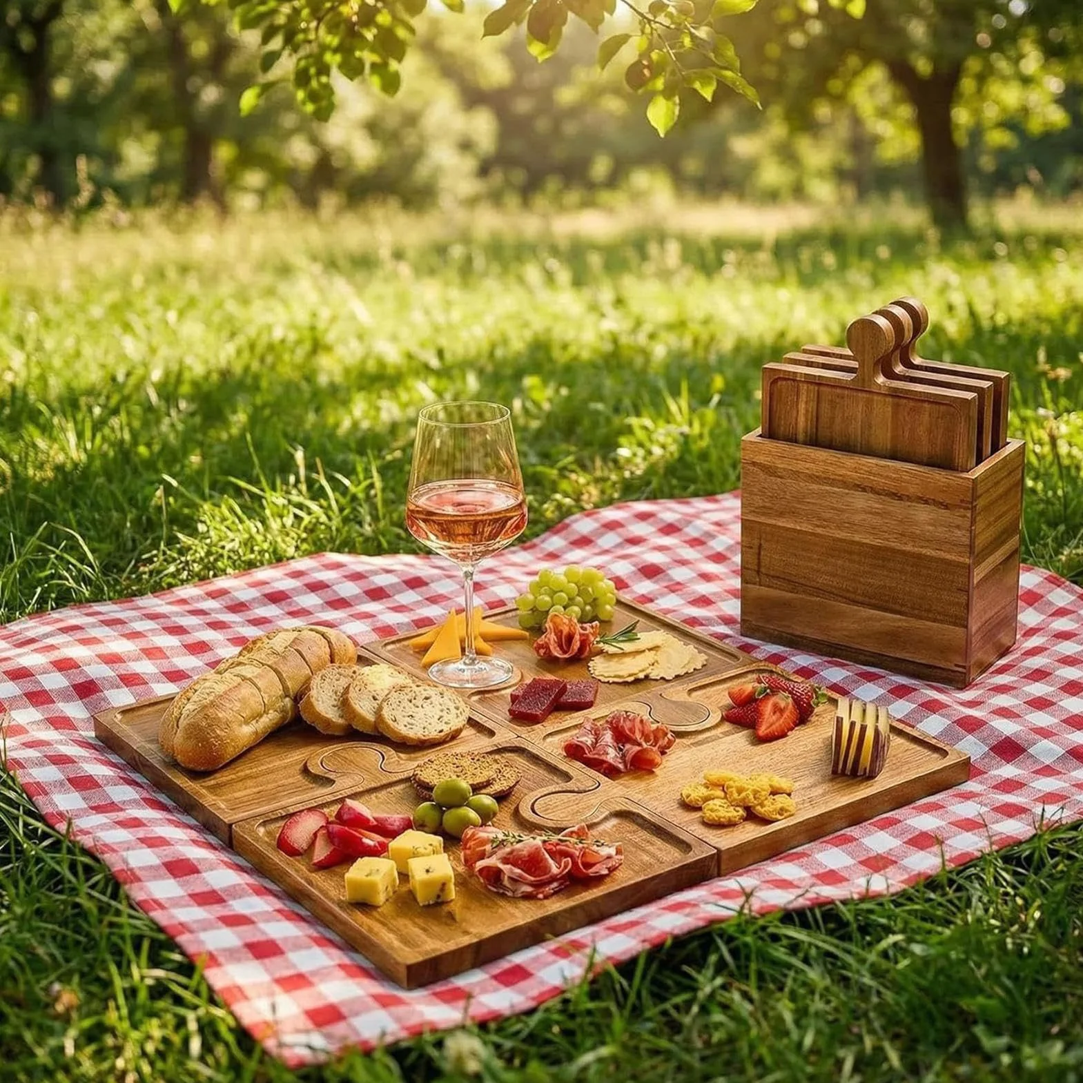 Zestaw Desek do Serów 4-Częściowy Drewniany Komplet z Uchwytem | Kuchenna Deska Serów w Kształcie Puzzle Do Przekąsek, dla Rodziny, do Mieszkania, na Kemping, Piknik i Przyjęcie Domowe