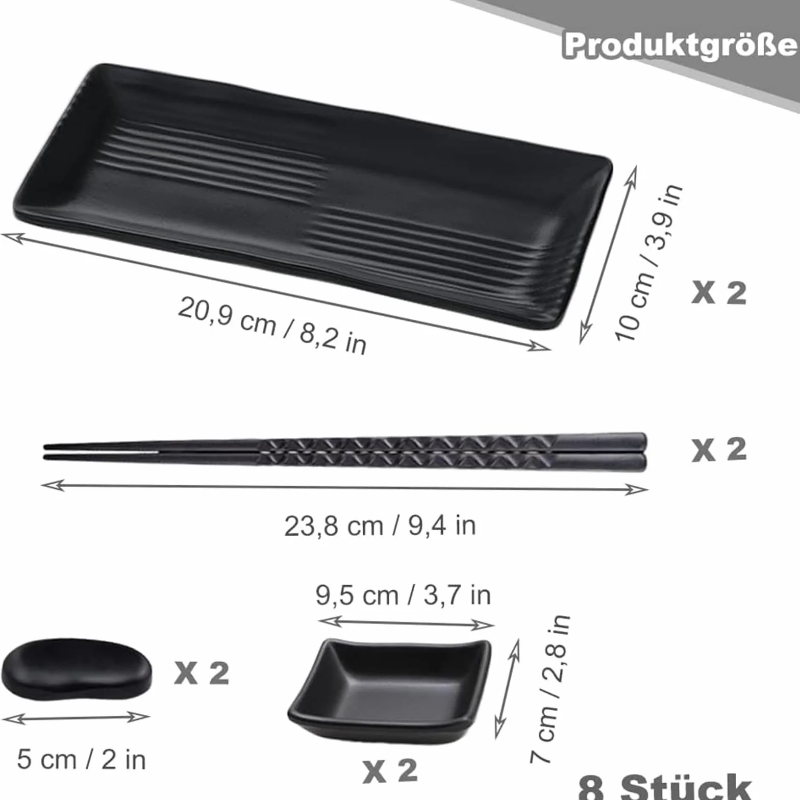 8-częściowy talerz do sushi łupek z miseczkami do dipów, 21 × 10 cm naczynia do sushi talerze łupkowe z pałeczkami, ławeczki do dipów talerze łupkowe dla 2 osób, SSCJTZ-001