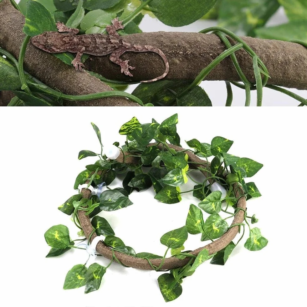 Gad elastyczny oddział wspinaczkowy dżungla Terrario Rattan Habitat Decor z przyssawkami i liśćmi 3.28ft