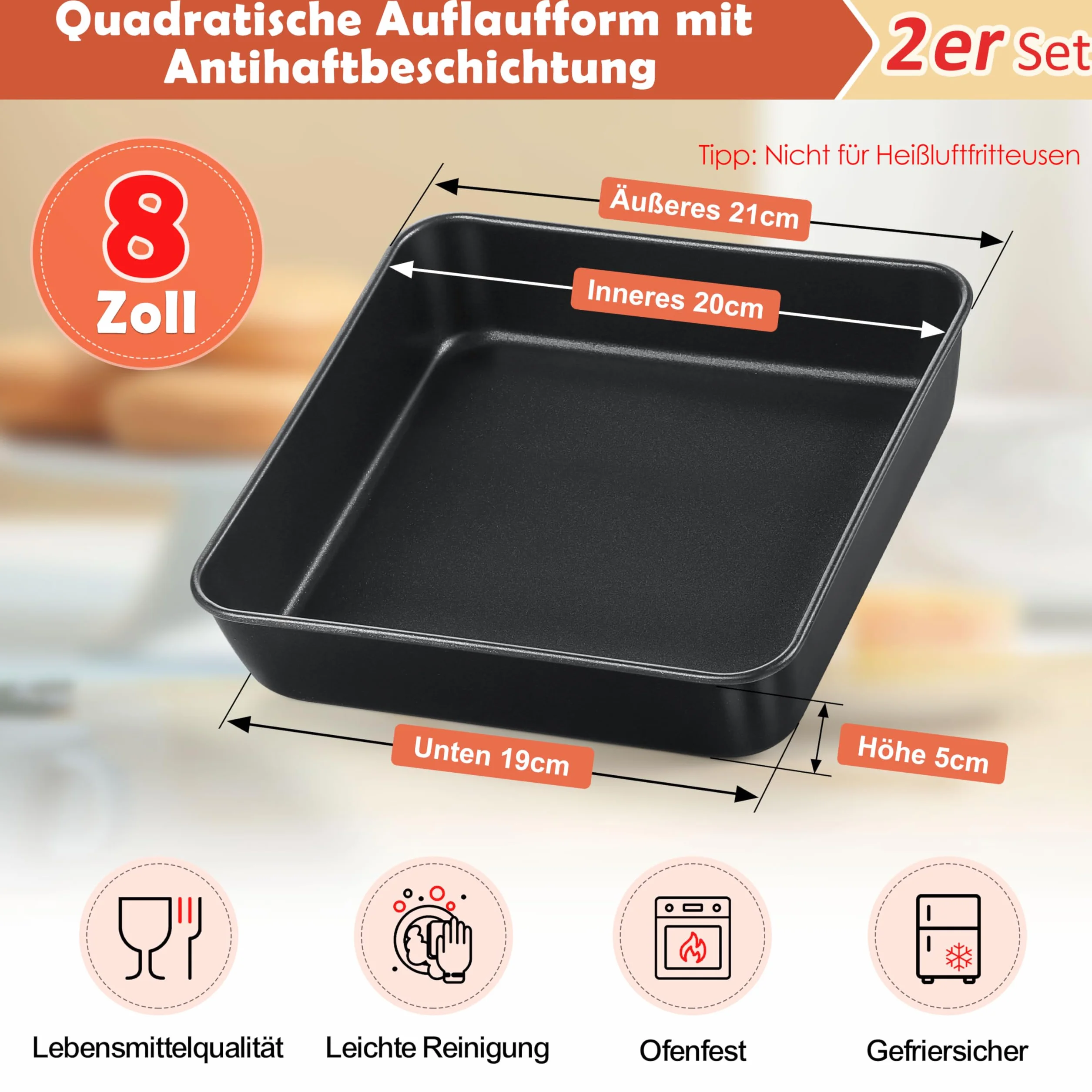 Onader Kwadratowe naczynie do zapiekanek, zestaw 2 szt., nieprzywierająca, prostokątna forma do pieczenia ciast, brownies i pieczenia, zdrowe i trwałe, nie do frytownic na gorące powietrze – 20 cm