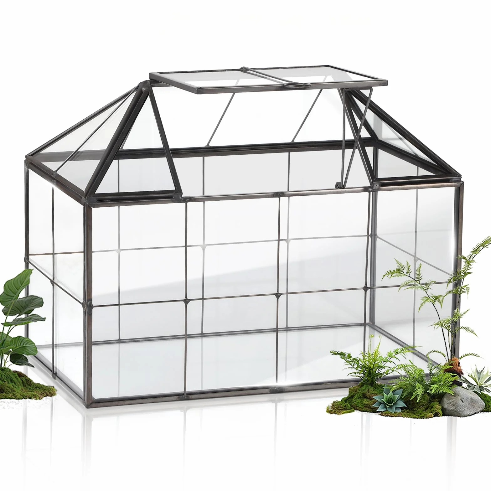 EFUTURETIME Mini szklarnia, parapet okienny, szklany 23,3 x 13,6 x 18 cm, do roślin, terrarium, mały ogród butelkowy, "zrób to sam" (nie zawiera roślin) na sukulenty, kaktusy