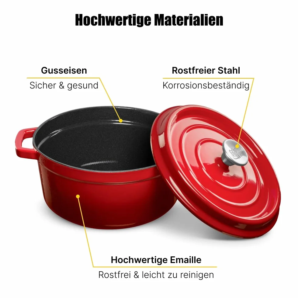 Holenderski garnek żeliwny - Emaliowany garnek żeliwny z pokrywką i szerokimi uchwytami do pieczenia w kuchni, duszenia - pojemność 3.5L, czerwony