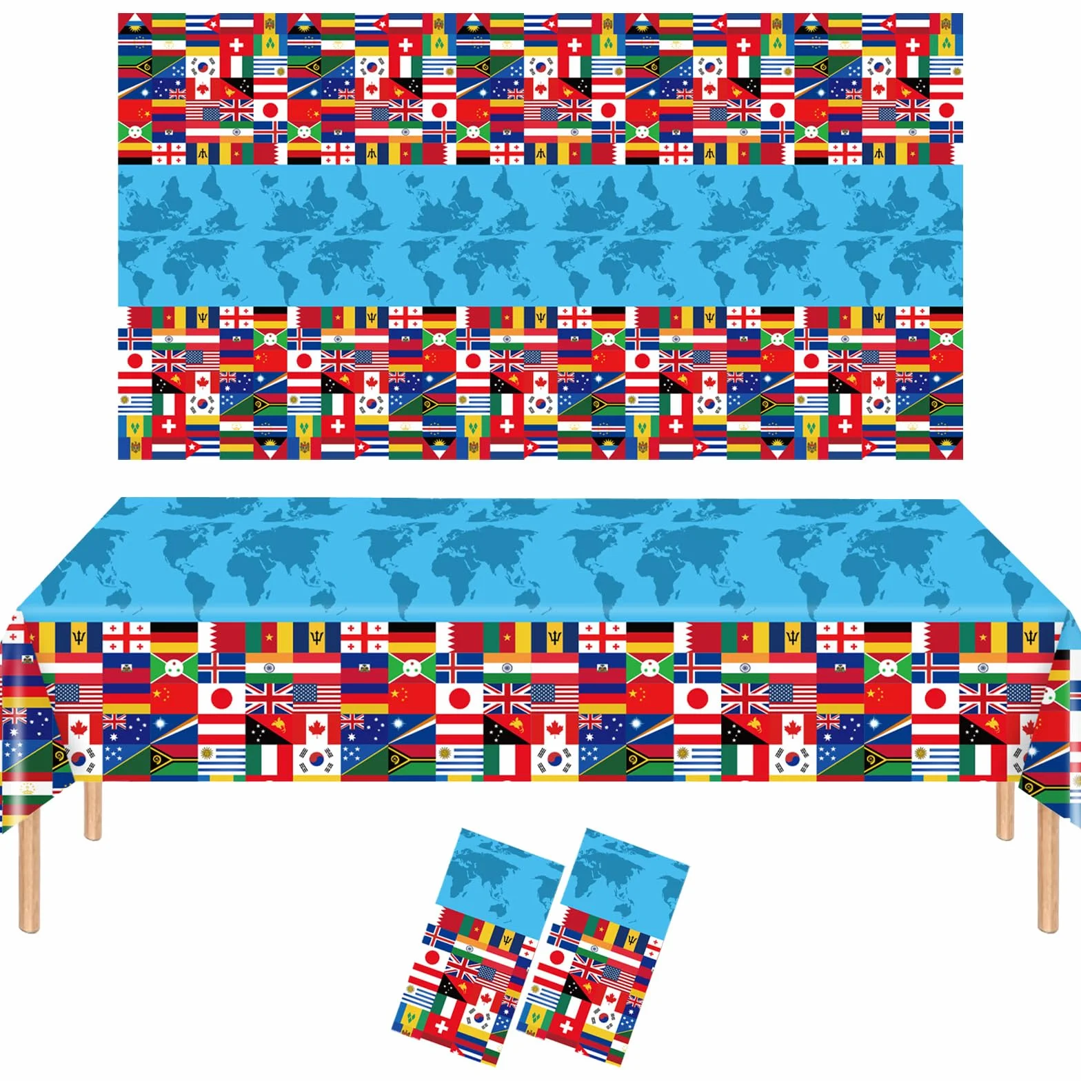Obrus z flagą międzynarodową, obrus na stół narodów, impreza na Mistrzostwa Świata 2026, dekoracje olimpijskie, 137 x 274 cm, prostokątny plastikowy obrus z flagami państw na piłkę nożną