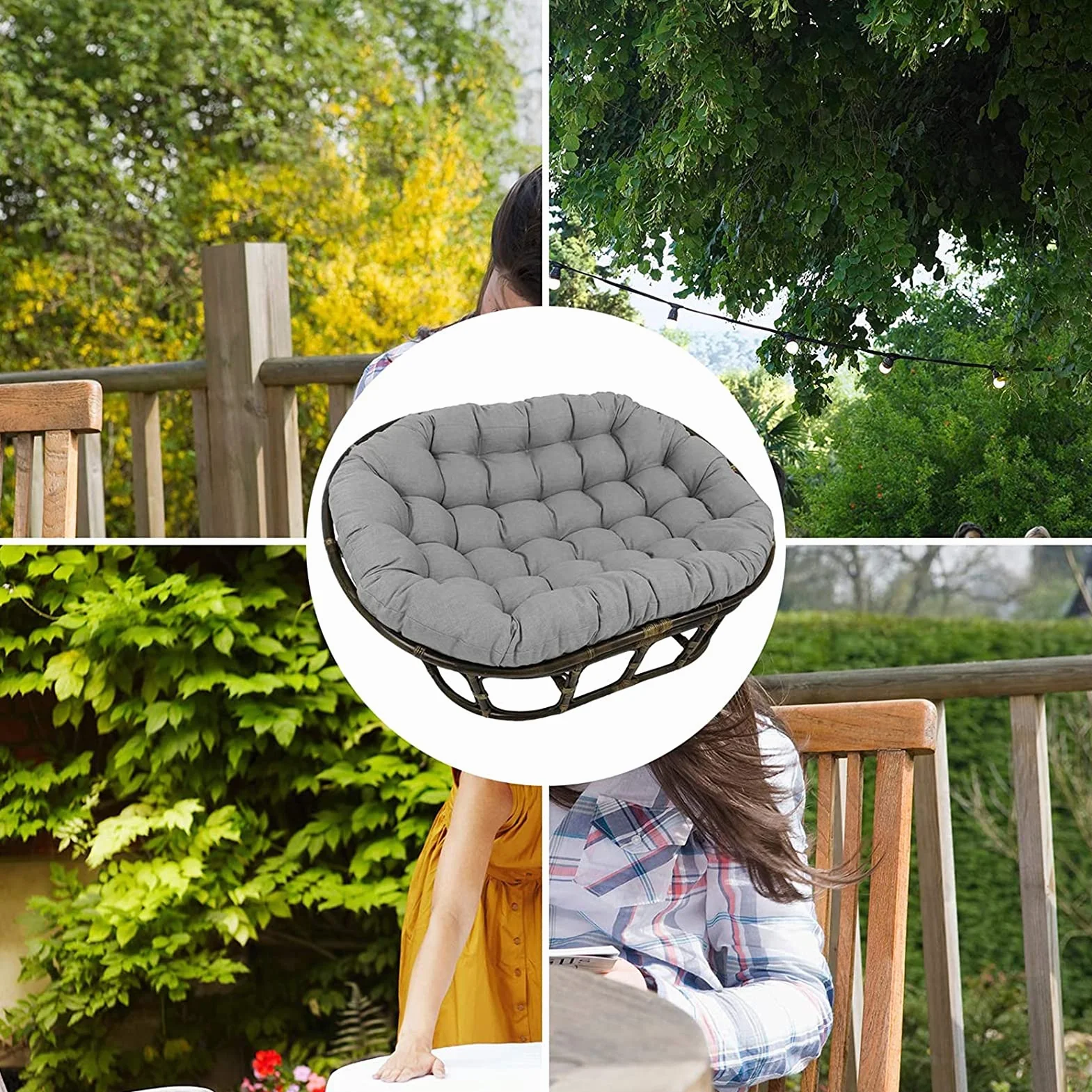 Papasan 4-narożne poduszki na krzesło, rattanowe poduszki na huśtawkę, podwójne, ponadwymiarowe, papasan, na krzesło, podwójne, papasan, na zewnątrz, wodoodporne, z wiązaniami, beżowe, 170 x 120
