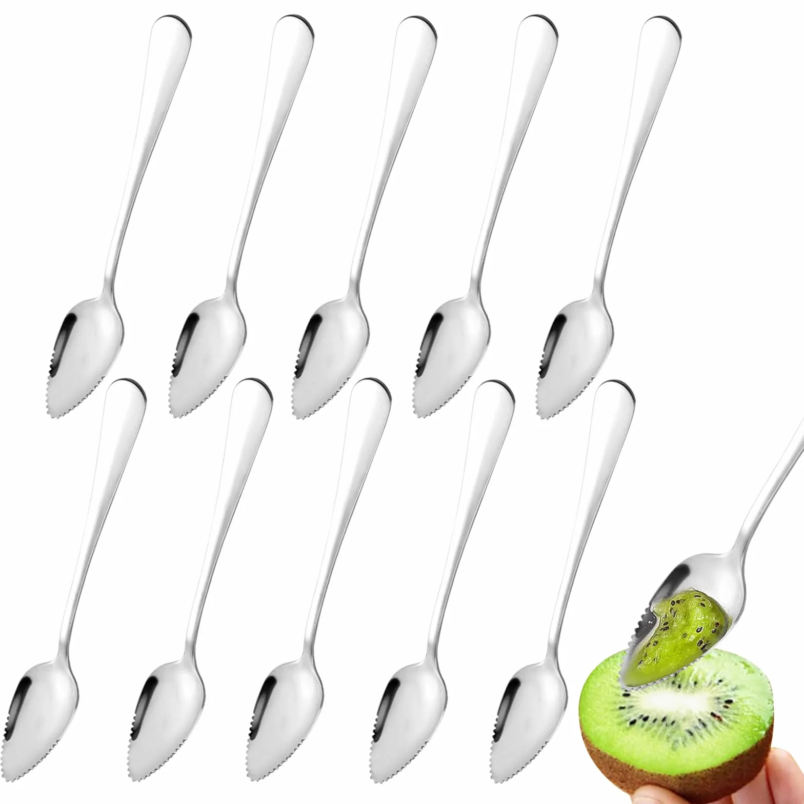 Łyżka do kiwi 10-częściowa, łyżeczka do kiwi, łyżeczka do grejpfrutów 16 cm, ze stali nierdzewnej, łyżka do grejpfrutów z ząbkami, do owoców, deserów, kiwi, jabłek, grejpfrutów (srebrna)