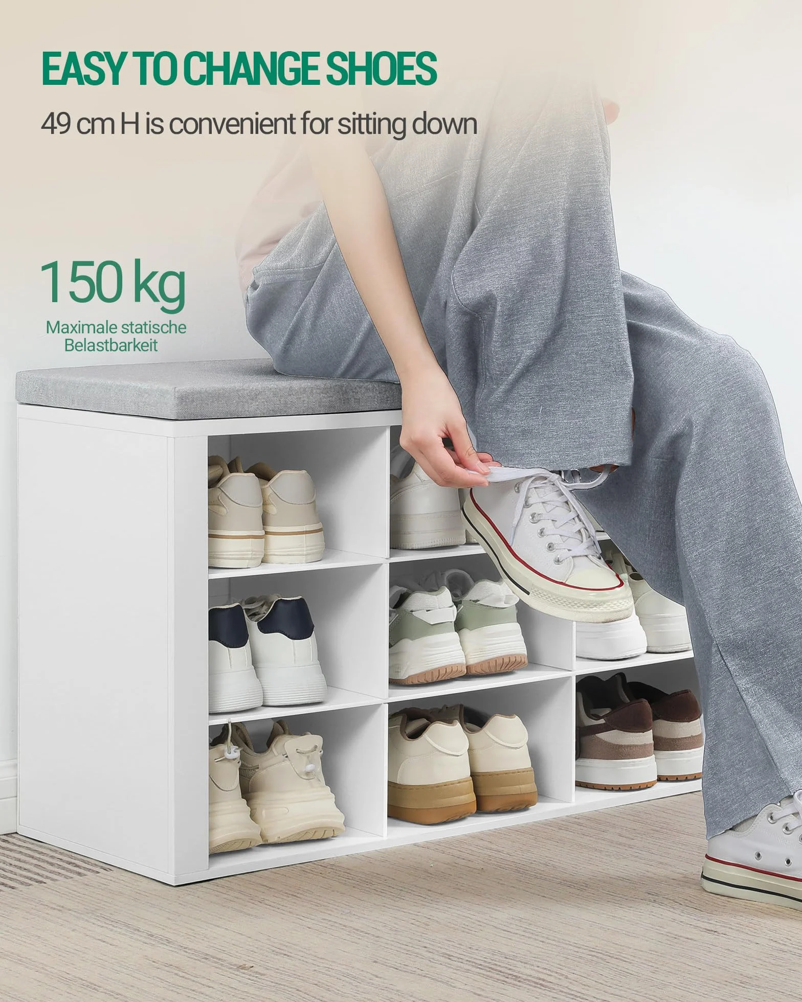 Hzuaneri SB15903GY Ławka do przechowywania butów z wyściełanym siedziskiem, regał na buty z 9 otwartymi przegródkami, regulowane półki, szafka na buty z poduszką do przedpokoju, salonu, sypialni