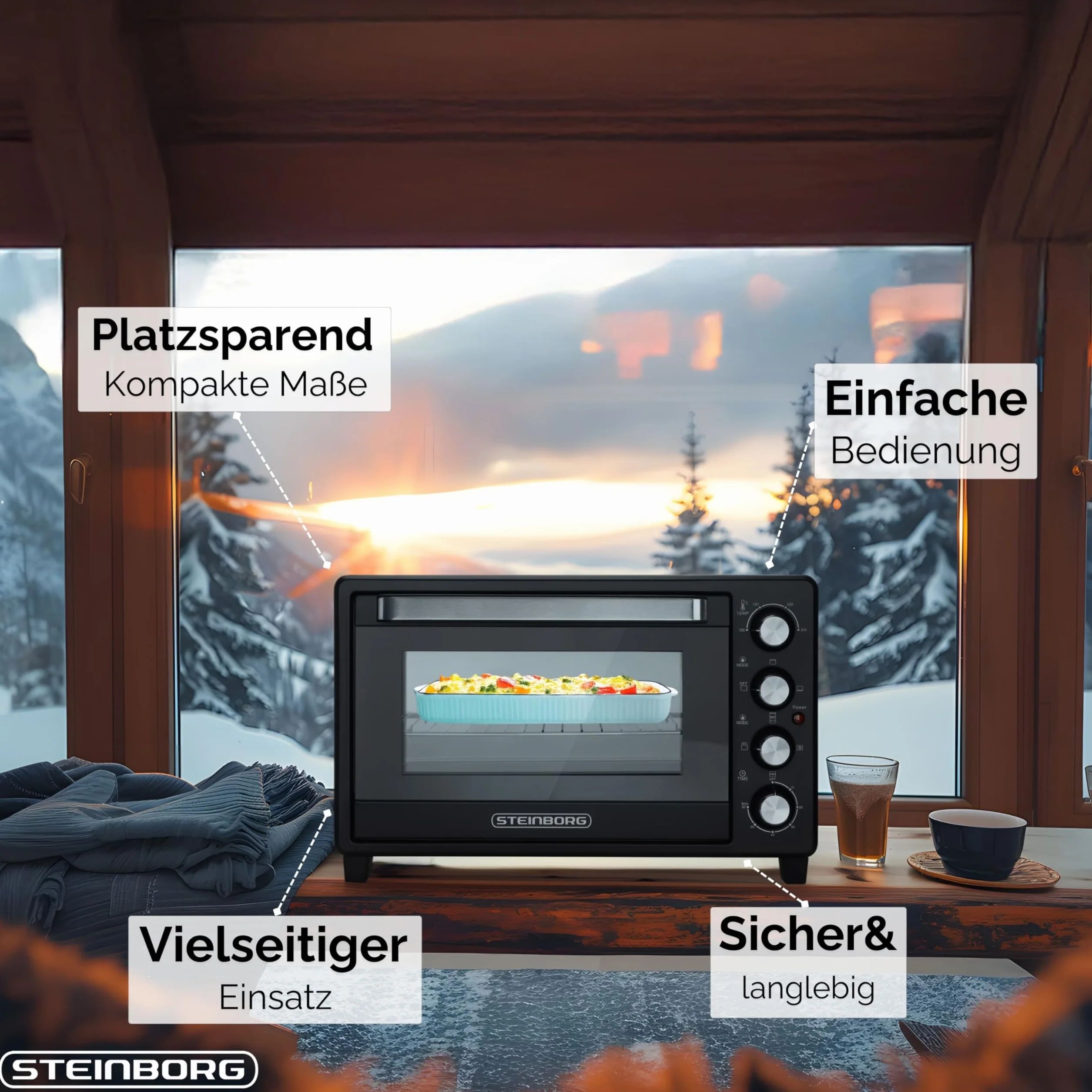 Steinborg Mini piekarnik 35 litrów z termoobiegiem i rożnem obrotowym, blacha na okruchy, grzanie górne i dolne, 1600 W, mini piekarnik z timerem, wolnostojący, bezstopniowa regulacja temperatury do