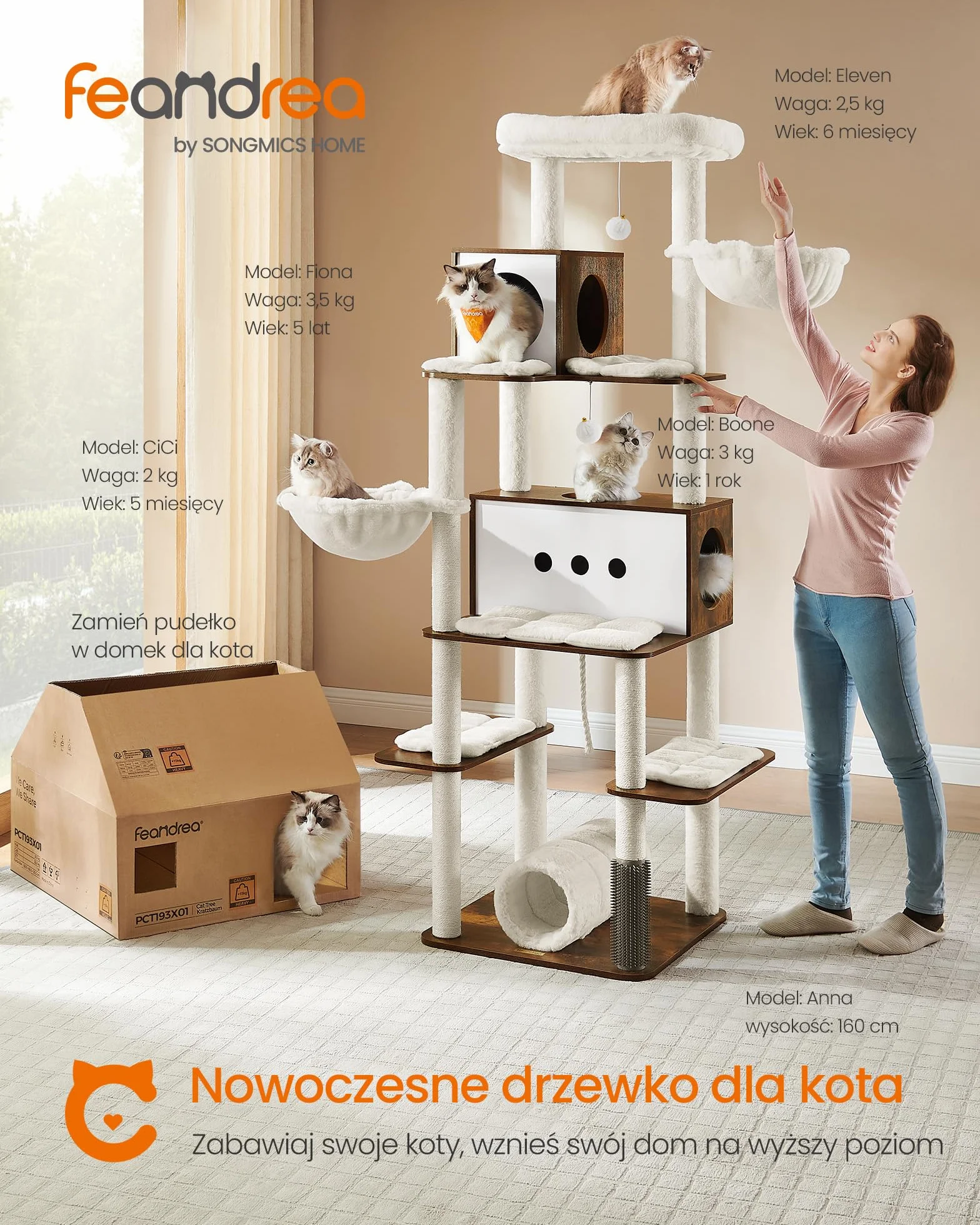 Feandrea Duży drapak dla kota 197 cm XXL wielopoziomowy domek z jaskiniami leżakami drapakami vintage brown