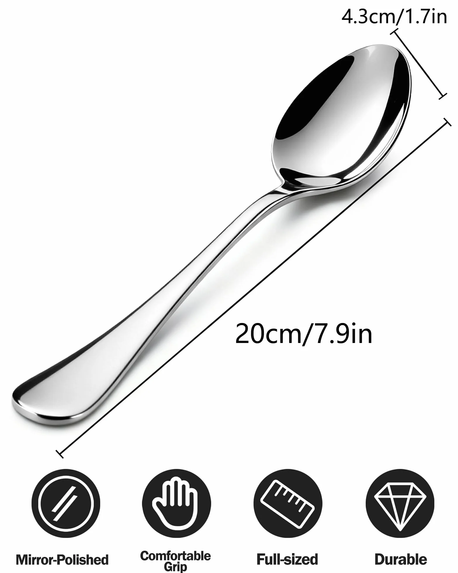 Łyżka Stołowa ze Stali Nierdzewnej 20cm, Zestaw 12 Sztuk,Łyżki Obiadowe,Łyżki do Zup ze Stali Nierdzewnej z Polerowaniem, dla Domu Restauracji lub Hotelu, Łatwe do Czyszczenia