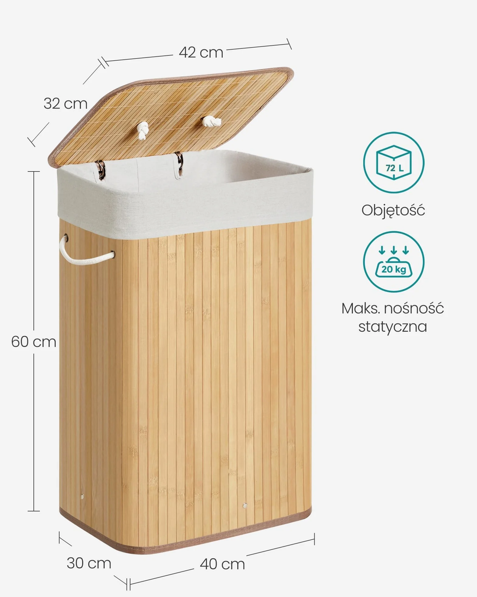 SONGMICS Bambusowy kosz na pranie, składany pojemnik na pranie z pokrywą i zdejmowanym bawełnianym workiem, 72 L, 40 x 30 x 60 cm, Naturalny LCB10Y