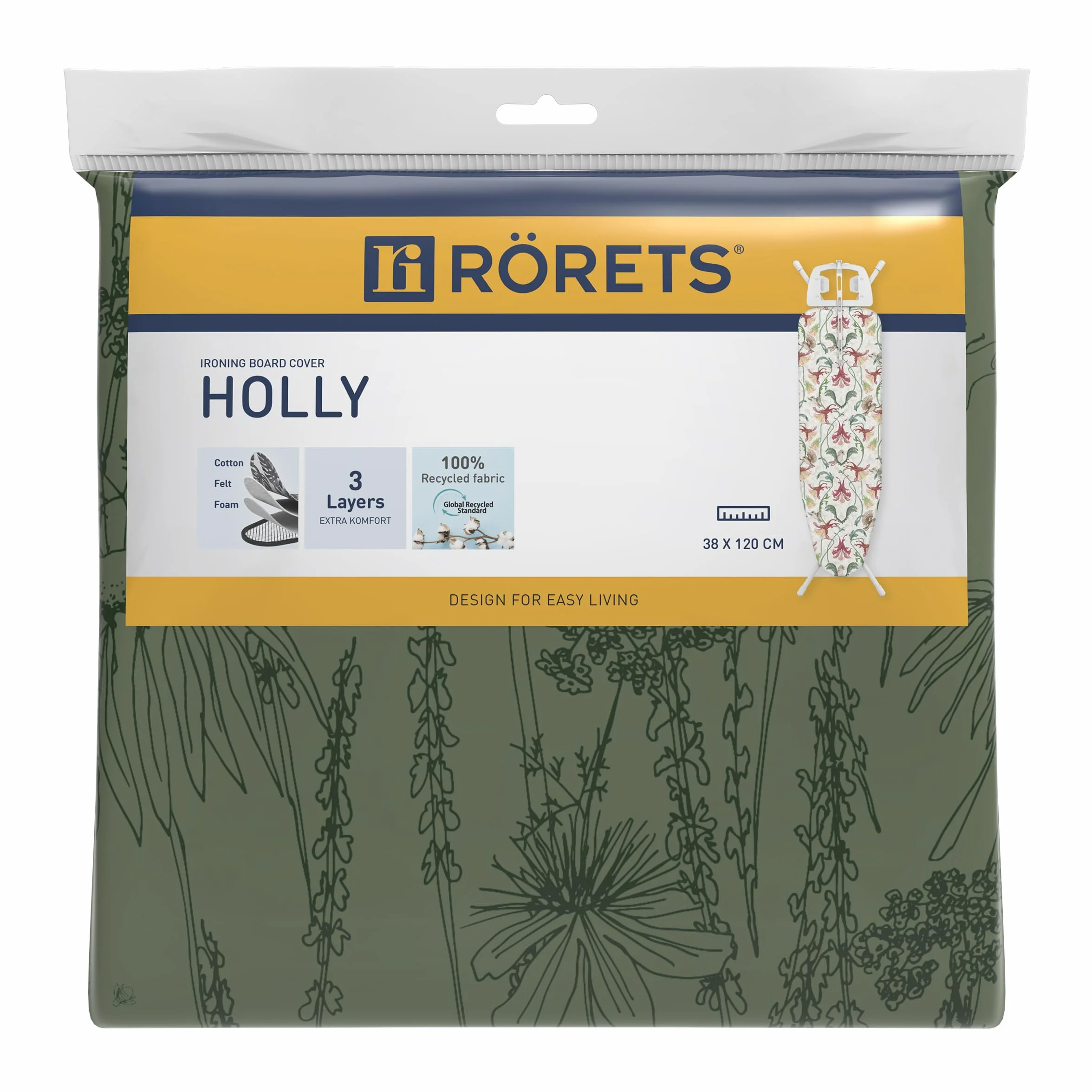 Rörets Pokrowiec na deskę do prasowania Holly – 40 x 120 cm – 3 warstwy dla najwyższego komfortu prasowania – Velcro zapewnia idealne dopasowanie – certyfikat Oeko-Tex – wzornictwo i jakość najsilniejszej szwedzkiej marki desek do prasowania