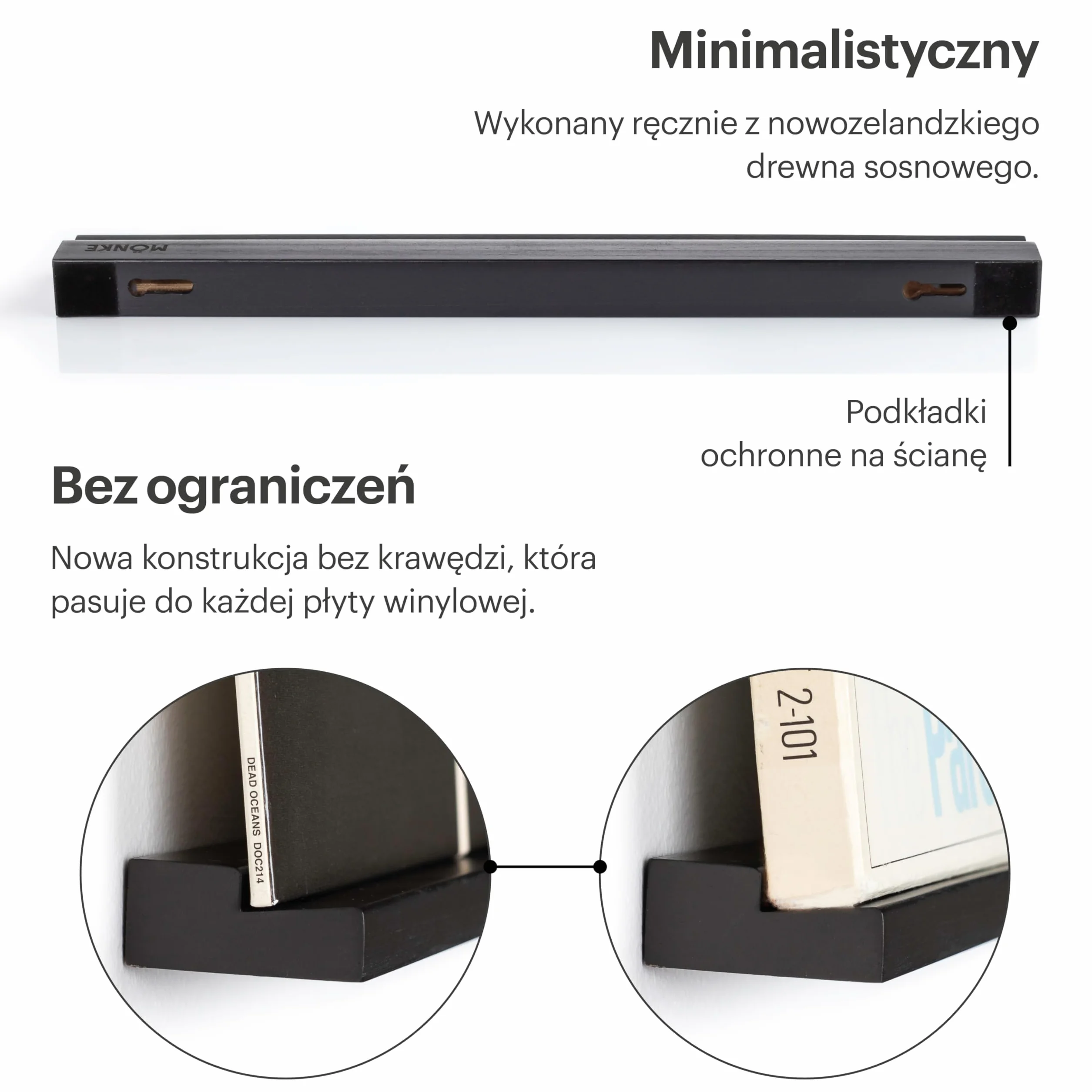Półka na płyty winylowe - Elegancko wyeksponuj swoje ulubione lub aktualnie odtwarzane płyty na ścianie - Pasuje do płyt o dowolnym rozmiarze (Czarny)
