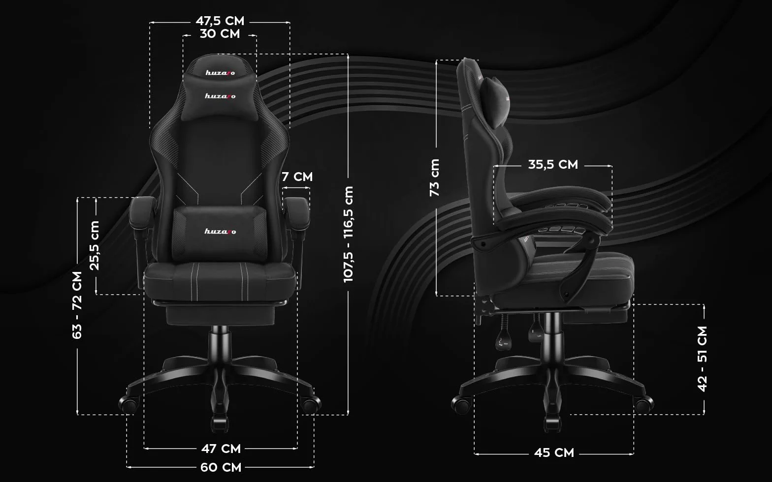 huzaro Force 3.7 Ergonomiczne krzesło do gier | Fotel dla gracza z podnóżkiem i poduszką lędźwiową | pochylone oparcie, wygodne podłokietniki, oddychająca tkanina, ciche kółka | czarny karbonowy