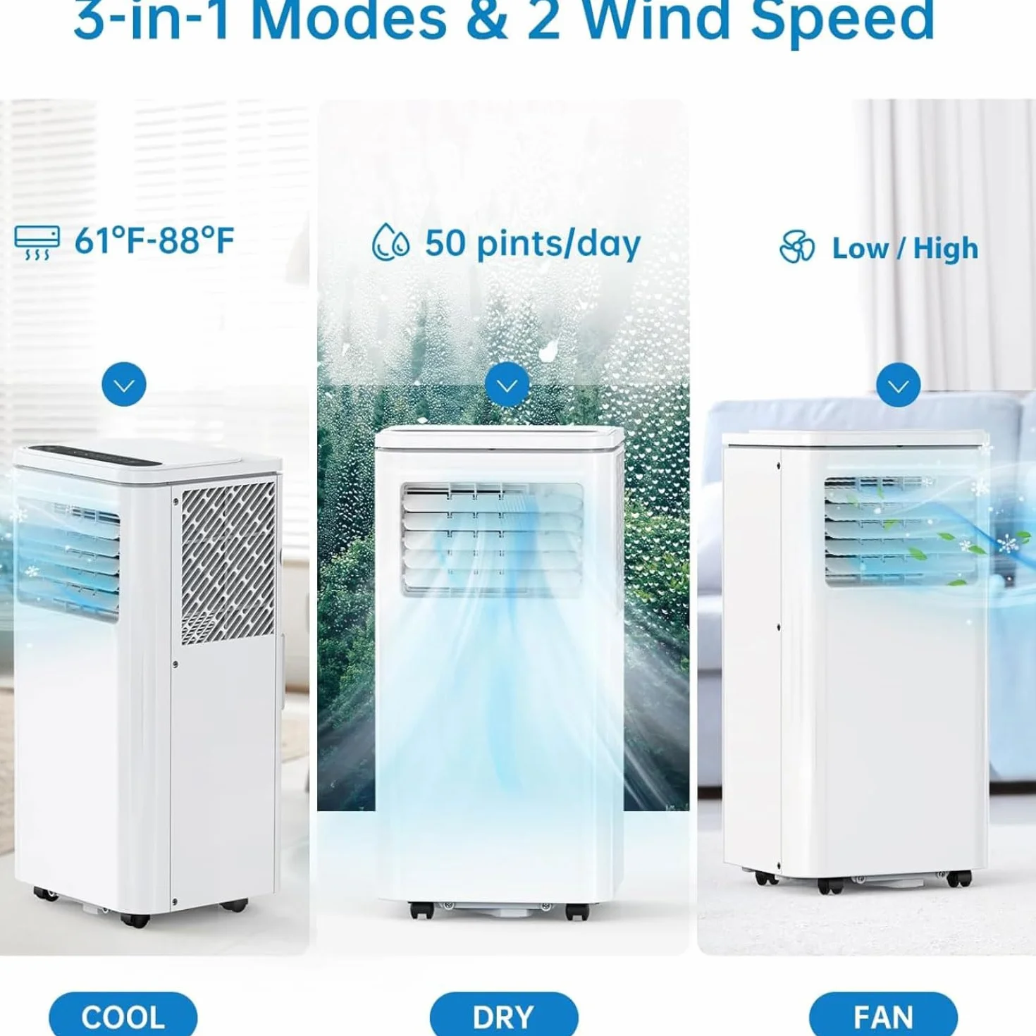 Przenośny klimatyzator, 350 Sq Ft Smart AC Unit w/Remote & 24H Timer, Cichy wentylator osuszający do biura sypialni, łatwy do przenoszenia kółka, oszczędzanie energii z zestawem instalacyjnym