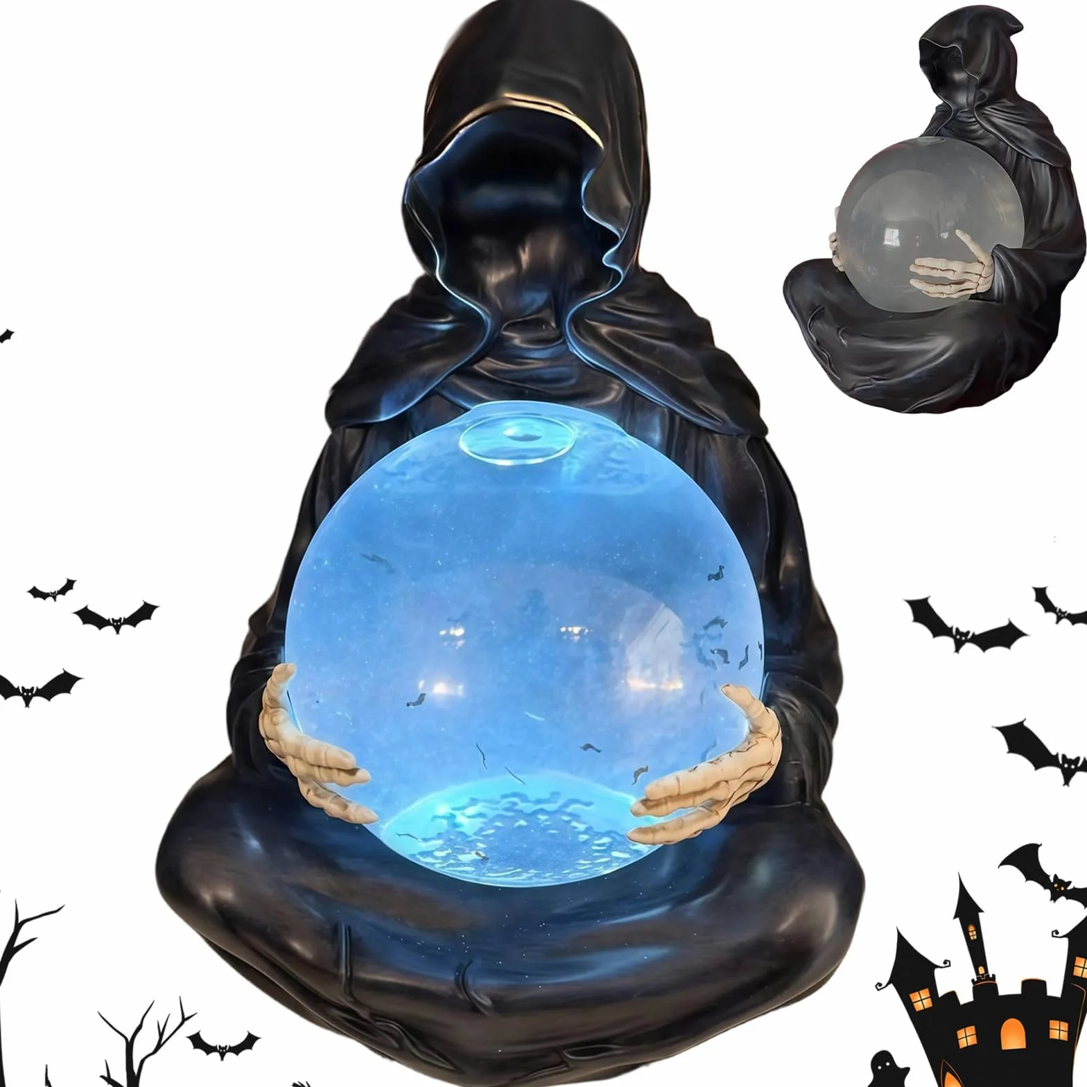 Kryształowa kula Boga Śmierci – światło LED, ponury żniwiarz, kula wodna, dekoracja na Halloween, gotycki płynny ruch, brokatowa kula wodna, czarny żniwiarz, kula śnieżna, dekoracja stołu na imprezę