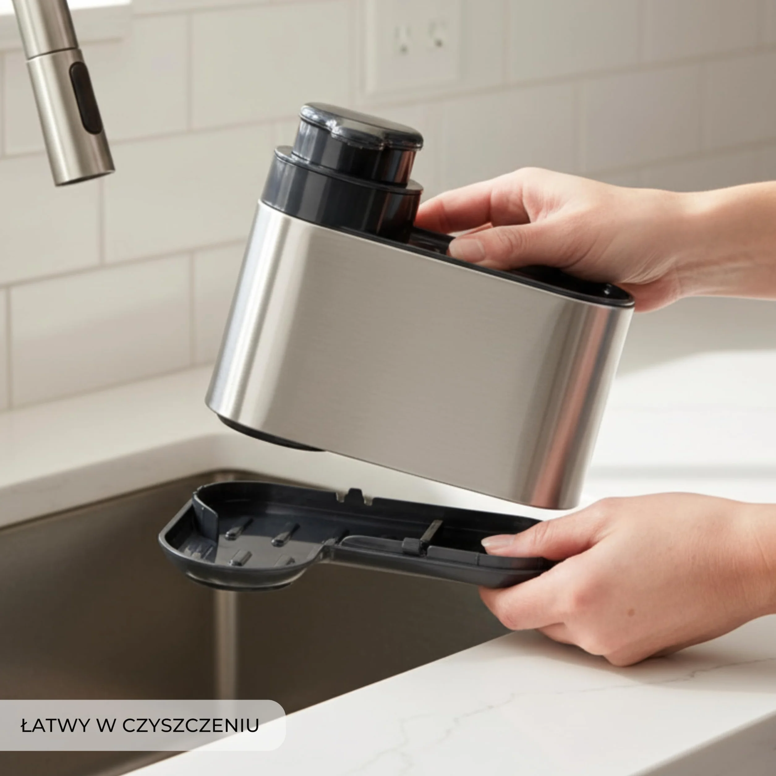 Erreke Dozownik mydła do kuchni, 3 w 1 Do Przechowywania w Zmywarce, Wykonany ze Stali Nierdzewnej SS410, Dozownik na Płyn do Mycia Naczyń 300 ml, Kolor Srebrny