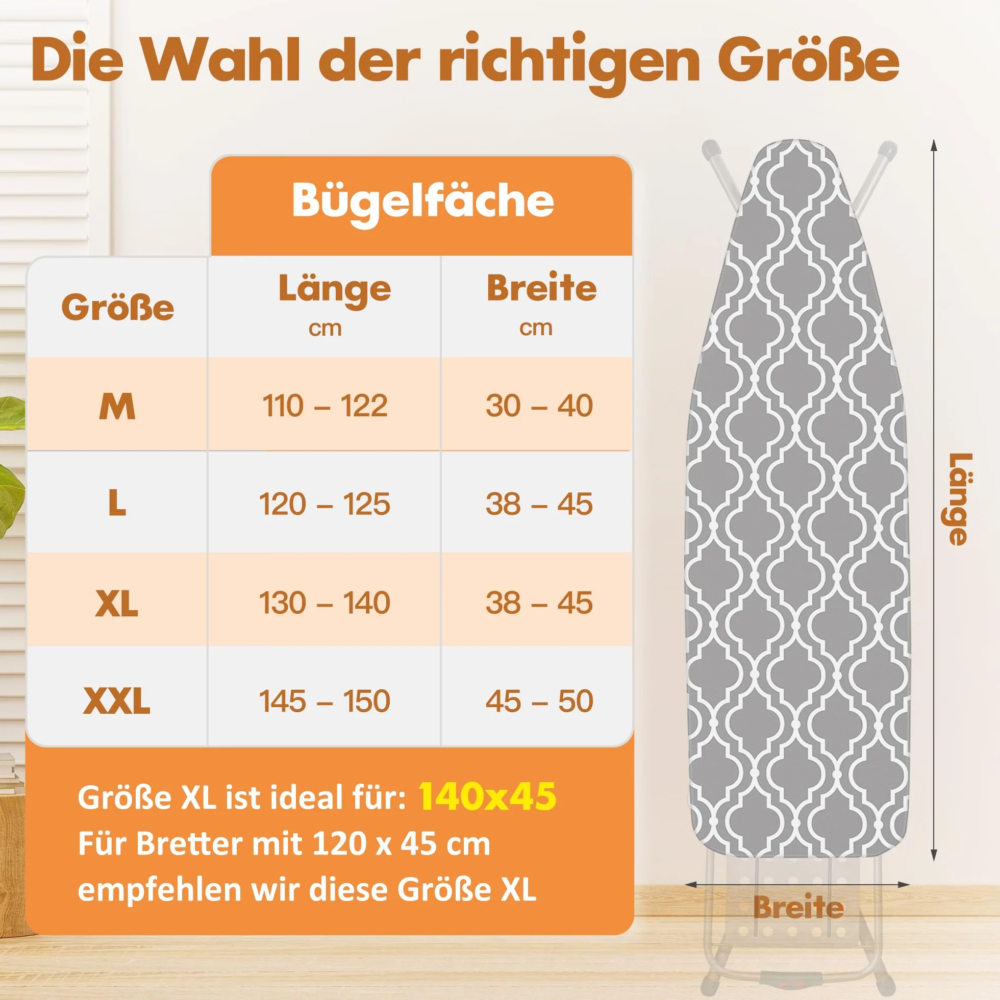 Pokrowiec na deskę do prasowania 140 x 45 (rozmiar XL) – bawełna z komfortową wyściółką – z napinaczem zapewniającym pewny chwyt – do stacji parowej i szybkiego prasowania – pasuje do deski