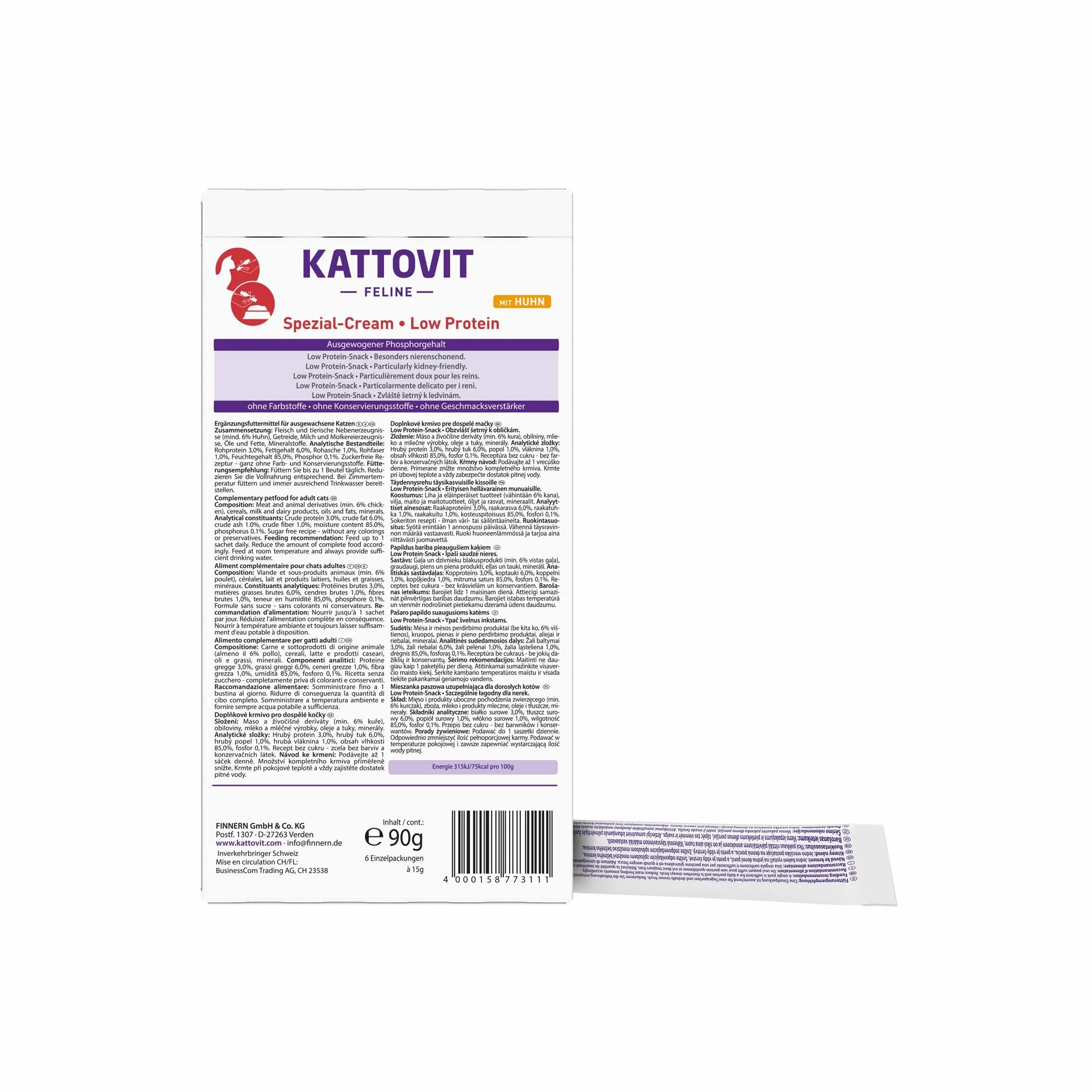 KATTOVIT Specjalny krem Low Protein | przekąska dietetyczna dla kotów wspomagająca czynność nerek dla dorosłych kotów | 66 x 15 g kurczaka