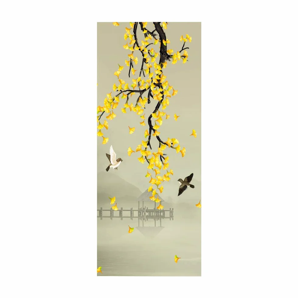 Tapeta na drzwi 3D, samoprzylepna, kwiaty, drzewa i ptaki, szer. 90 x wys. 200 cm, 3D, naklejka na drzwi, fototapeta, PCW, obraz na drzwi, winyl, wodoszczelna, usuwalna, naklejka na ścianę, dekoracja