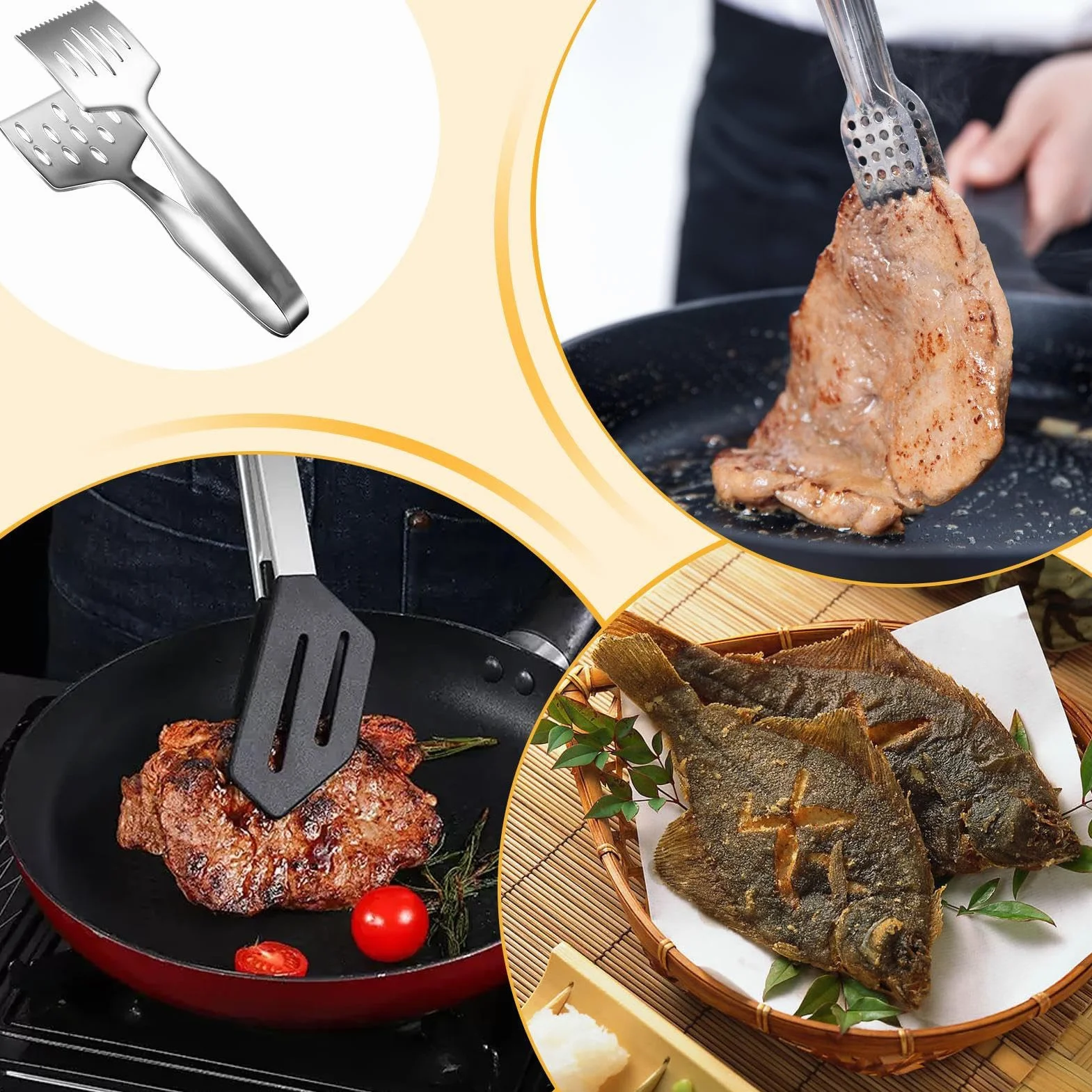 Szczypce do gotowania, szczypce do obracania ryb ze stali nierdzewnej, ergonomiczna konstrukcja, zapobiegające oparzeniom, wielofunkcyjne narzędzie kuchenne do grillowania w domu