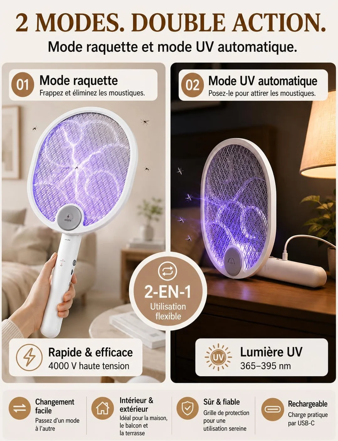 WOCVRYY 3 w 1 Elektryczna Packa na Muchy 4000V USB 1500mAh z Akumulatorem UV z Siatką Zabezpieczającą, Odpowiednia do Użytku Wewnątrz i na Zewnątrz Budynków