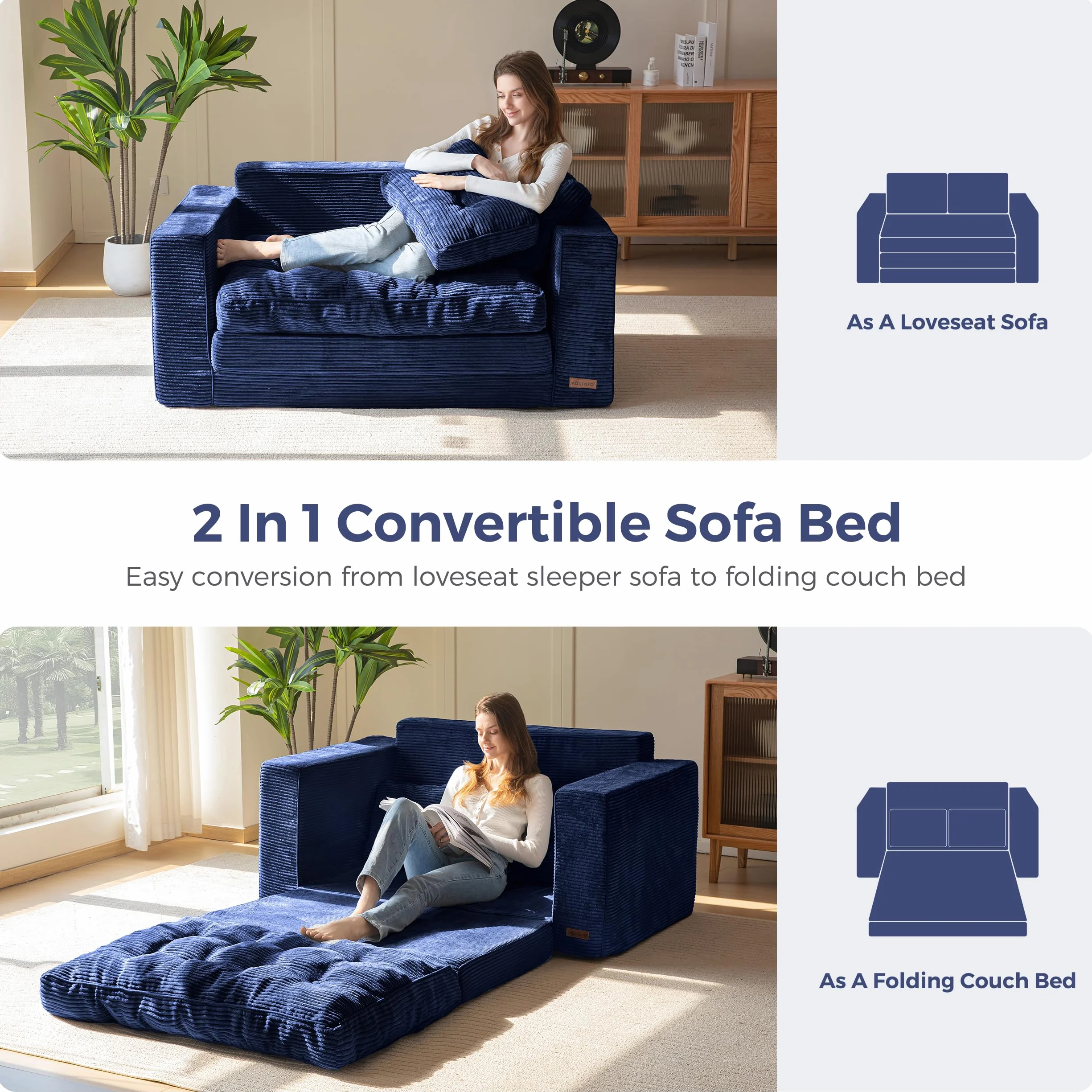 MAXYOYO Sofa rozkładana, sofa Loveseat, rozkładana z 2 poduszkami, 2 w 1, wygodna sofa sztruksowa, 2-osobowa, leżak podłogowy, wysuwana powierzchnia do spania, 101 x 196 cm, cienka pianka 15 cm