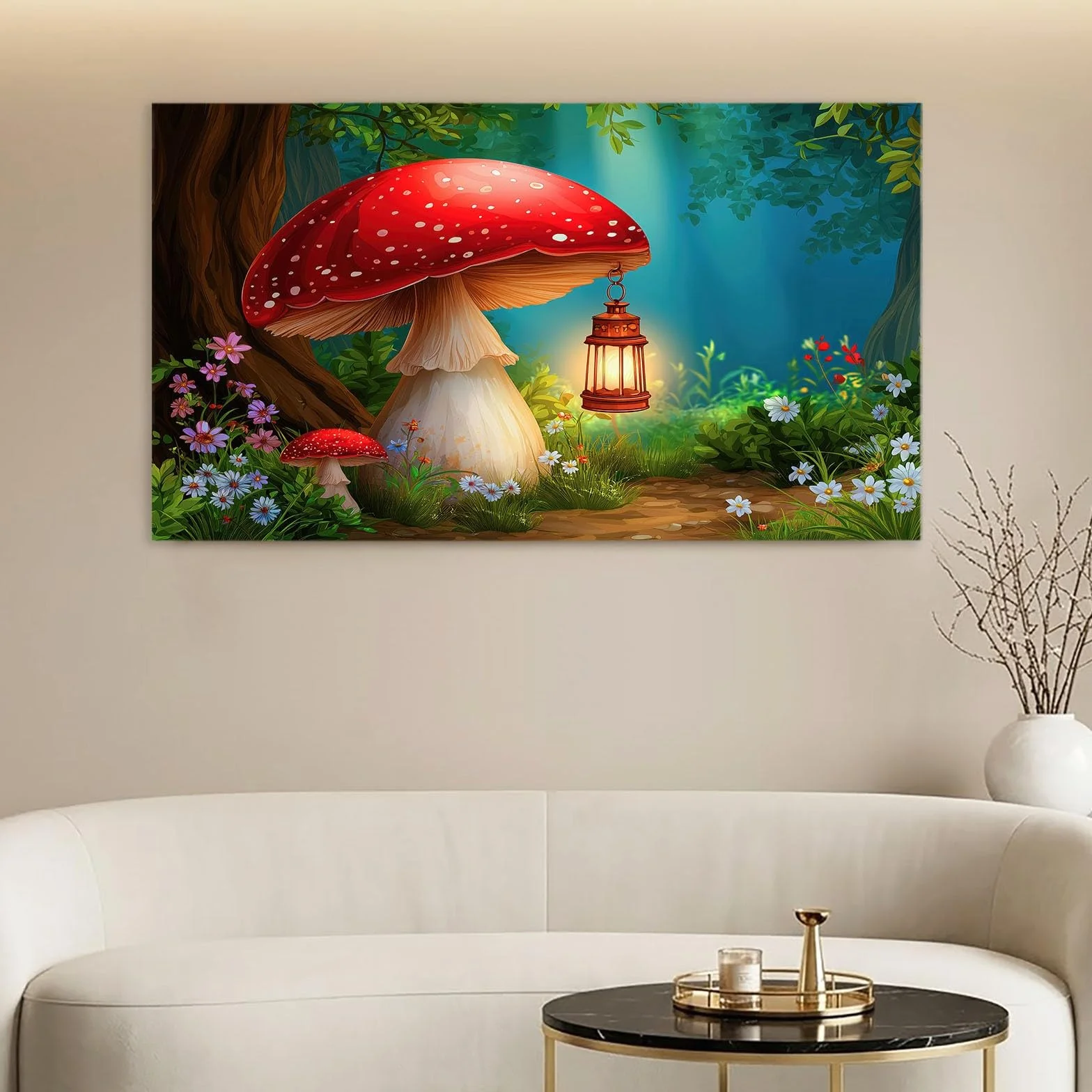Fantasy Forest – sztuka ścienna, oprawiony obraz na płótnie, oprawiony obraz, do salonu, sypialni, przedpokoju, kuchni lub biura, dekoracja, 90 x 60 cm, zielona dżungla, grzyby, kwiaty, rośliny