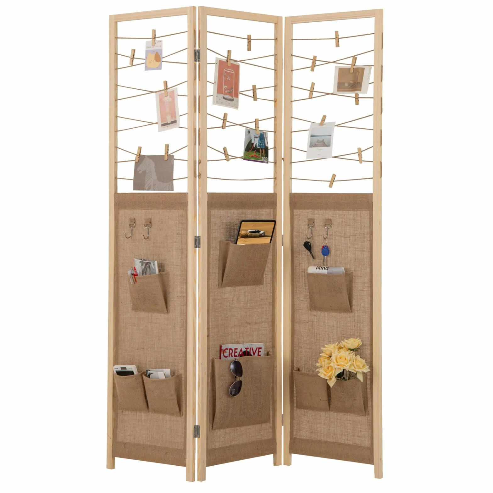 GIANTEX Składany 3-panelowy parawan, drewniana przegroda prywatności z 8 kieszeniami do przechowywania, 4 hakami i sznurkiem do zawieszenia z 20 bambusowymi klipsami, 120 x 170 x 2 cm
