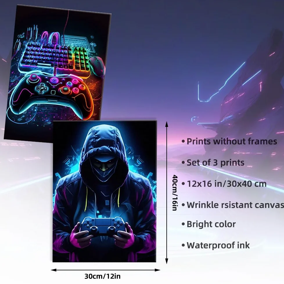 milaosk 3 sztuki obrazów na ścianę, plakat do pokoju młodzieżowego, dla chłopców, druk artystyczny | Kolorowy kontroler gamepada dla graczy obrazy plakat ścienny dla nastolatków pokój gamingowy dekoracja 30 x 30 cm bez ramki