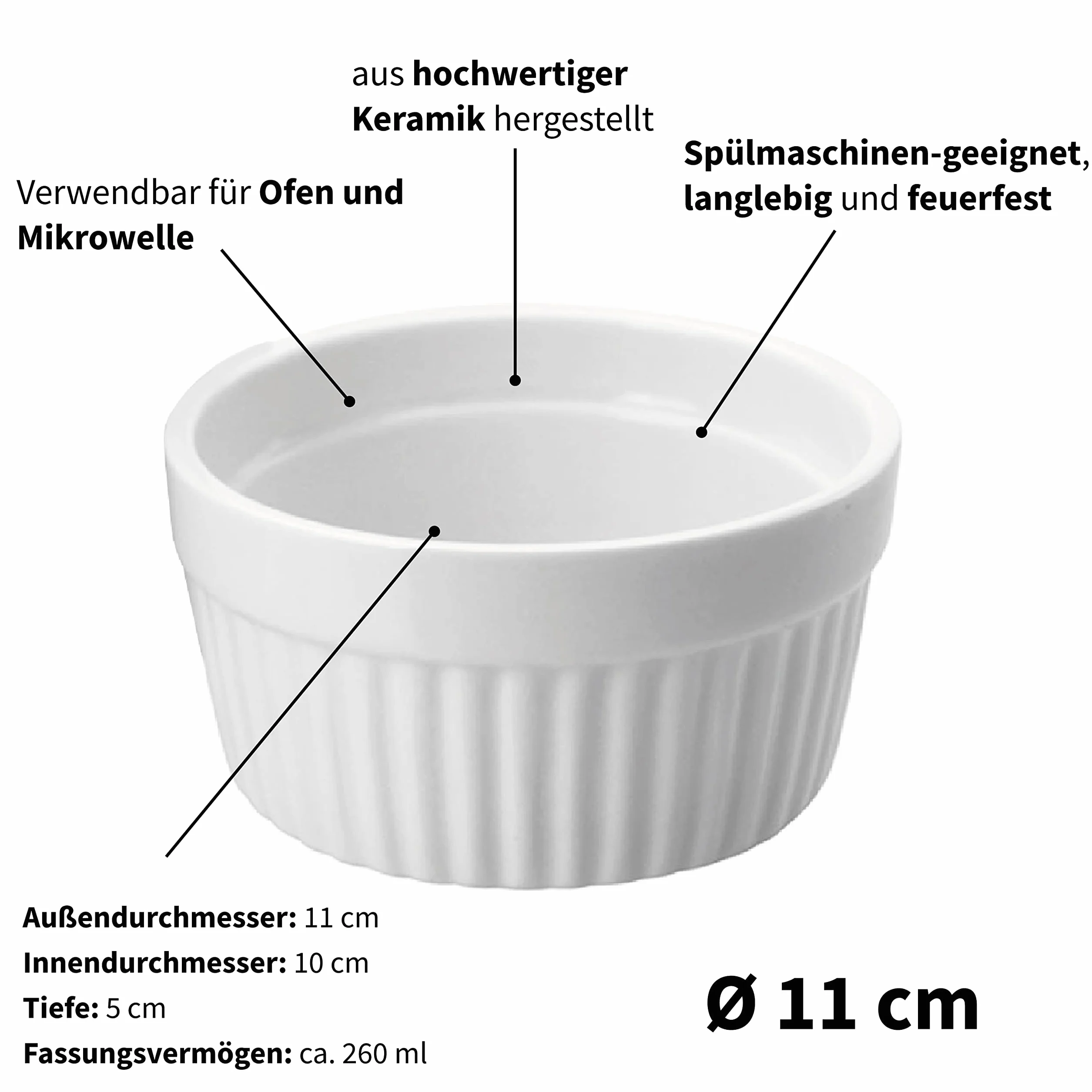 ToCi 6 x foremki do pieczenia Soufflé Ø 11 cm – kremowe miseczki Brulee, odporne na piekarnik, ceramiczne foremki o pojemności 260 ml, do deserów, na pasztety, do ragout Fin czekoladowych souffle