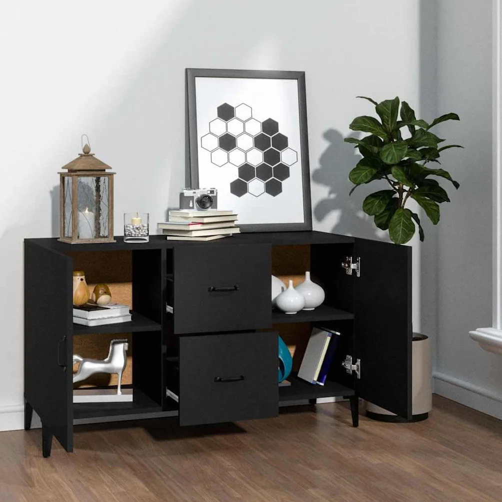 Czarny kredens 100x36x60 cm drewno inżynieryjne, szafka boczna z 2 drzwiami i 2 szufladami, szafka do przechowywania do salonu, stylowy design i łatwe do czyszczenia