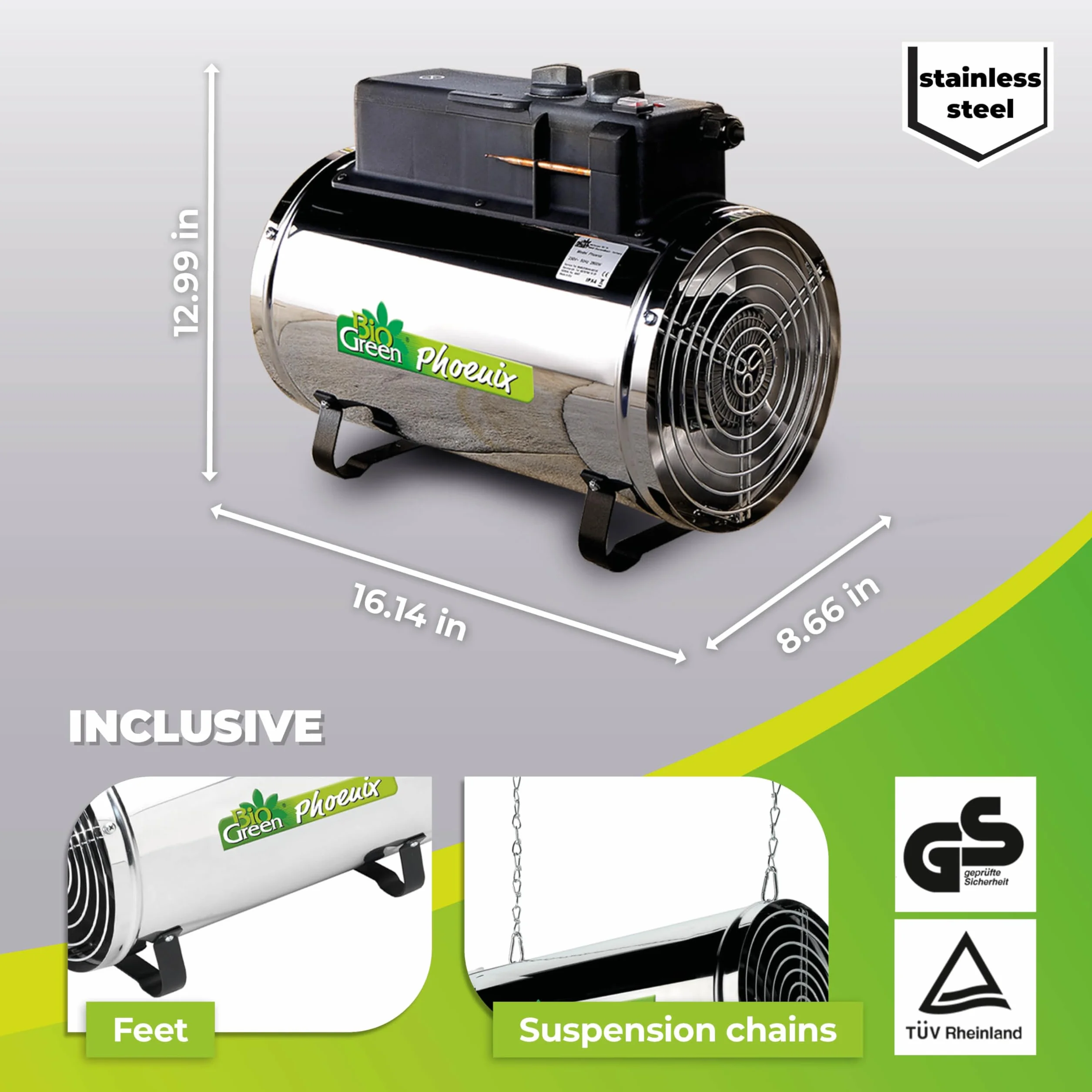 Bio Green Phoenix Termowentylator, Srebrny/Czarny, 3 Tryby
