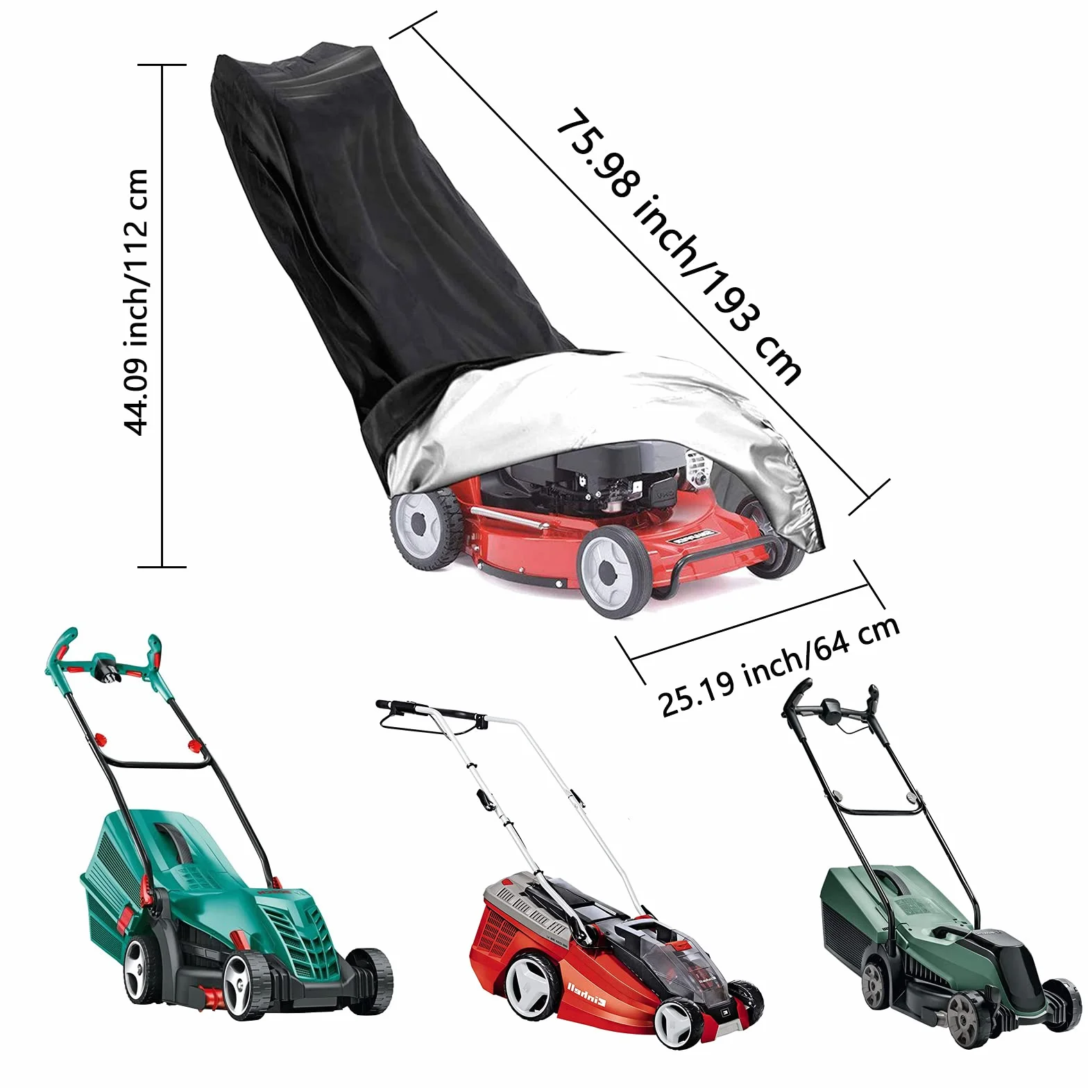 Pokrowiec ochronny na kosiarkę, materiał Oxford 210D, wodoszczelny, odporny na działanie promieni UV, warunków atmosferycznych, ze sznurkiem i torbą transportową, 193 x 112 x 64 cm