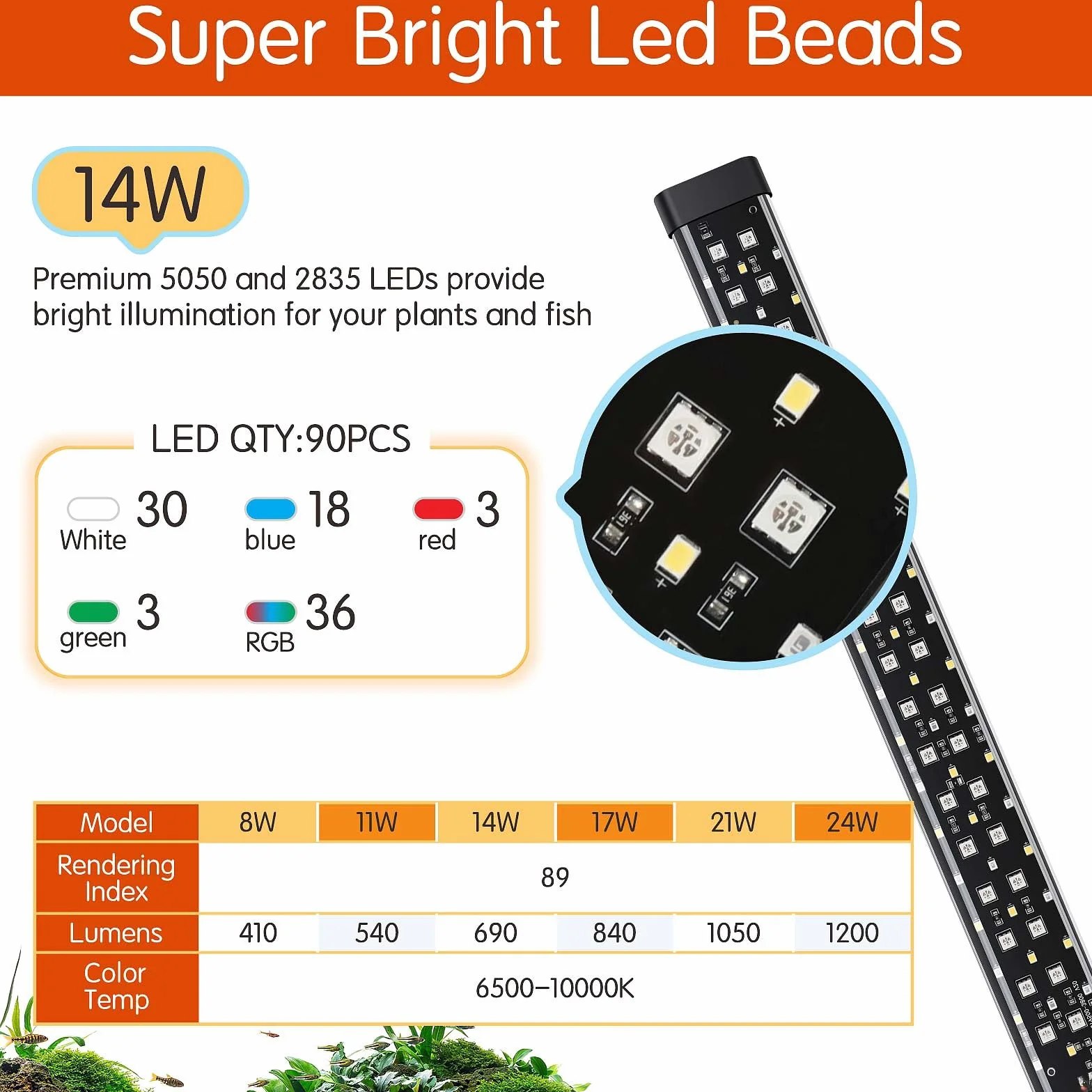 Hygger Zatapialne oświetlenie LED do akwarium 14 W pełne spektrum 24/7 9 kolorów 10 poziomów jasności 41-68 cm
