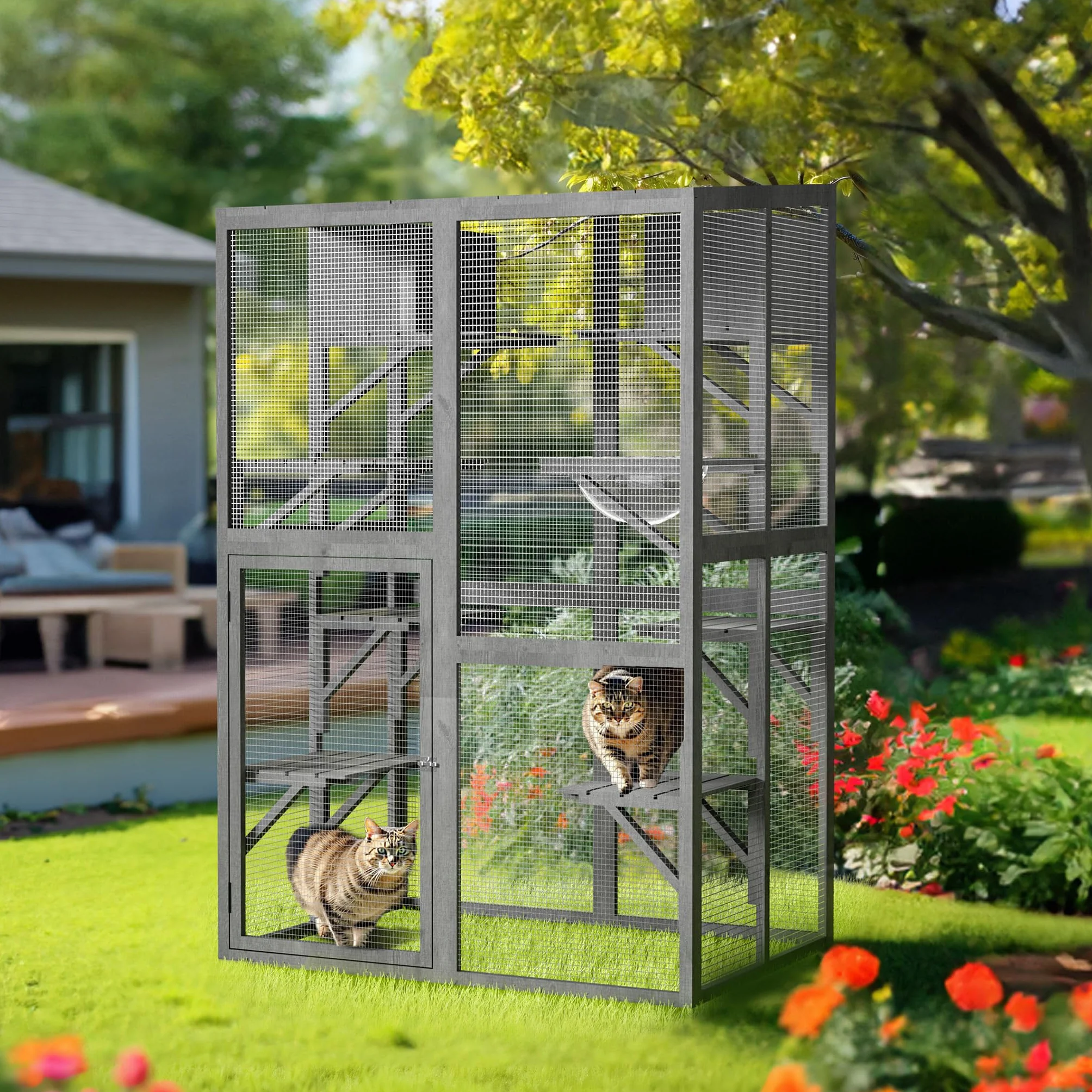 Wiltec Woliera dla kota 116 x 82 x 175,7 cm, z drewna i powłoką PVC na balkon i do ogrodu, 5 poziomów, legowisko i 2 drewniane boksy